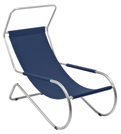 The Lido Lounger from WB Form features a sleek, modern design with a tubular steel frame and blue fabric seat, showcasing its minimalistic and low-slung curved shape.