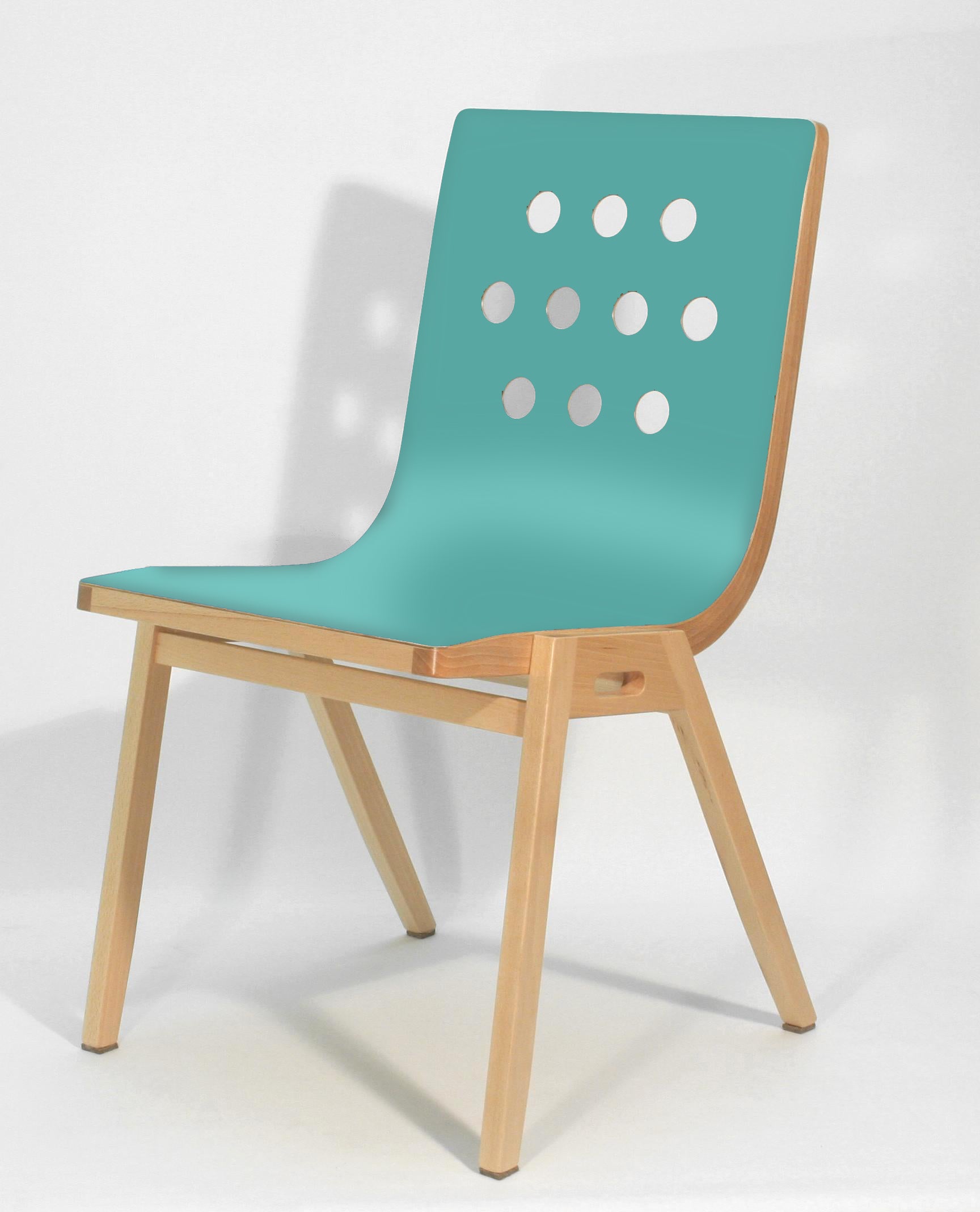 3/4/3 Side Chair with turquoise plywood seat, natural beech wood frame and circular cutout pattern, shown at angle