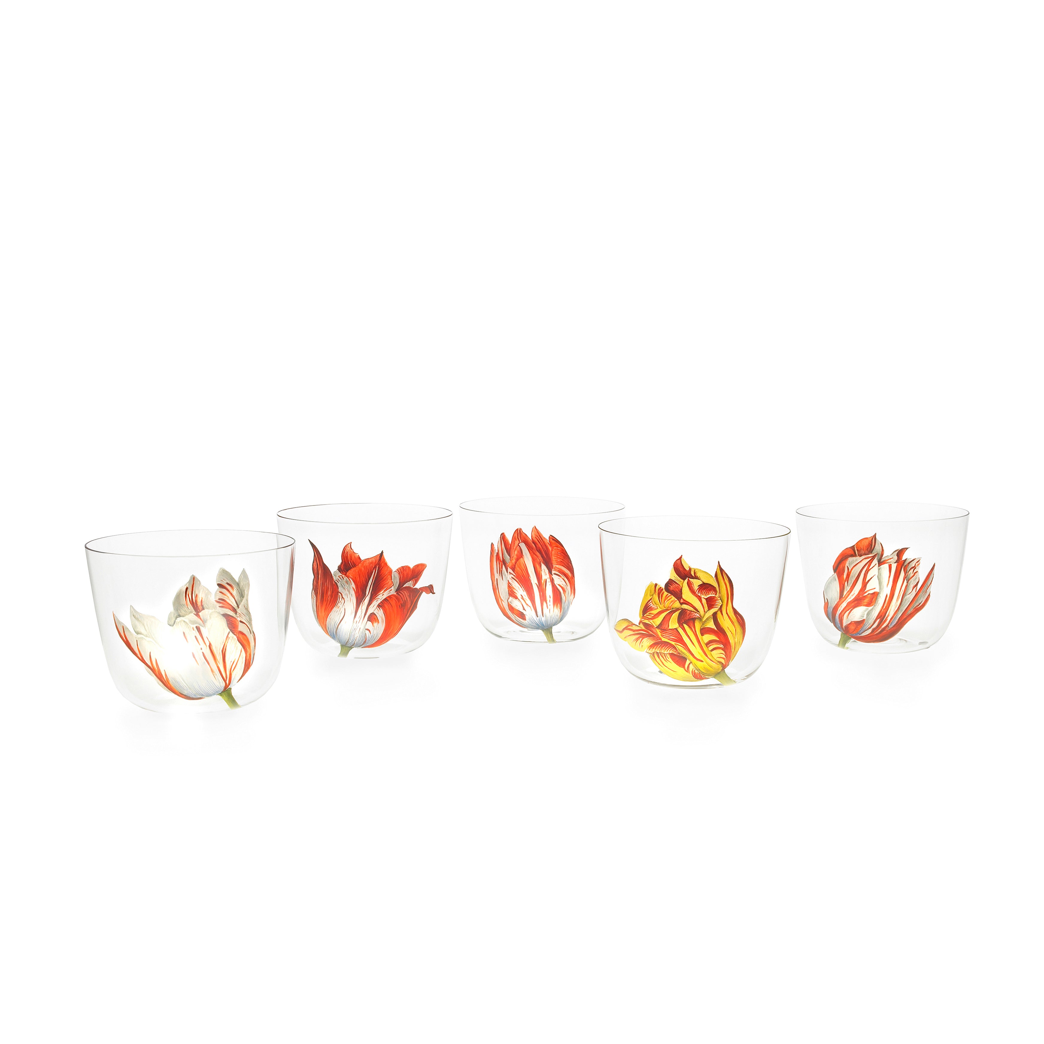 Five Alpha water tumblers from Lobmeyr, made of lead-free crystal with a distinctive orange flower pattern and hand-painted Tulip-like motifs, are displayed against a white background.