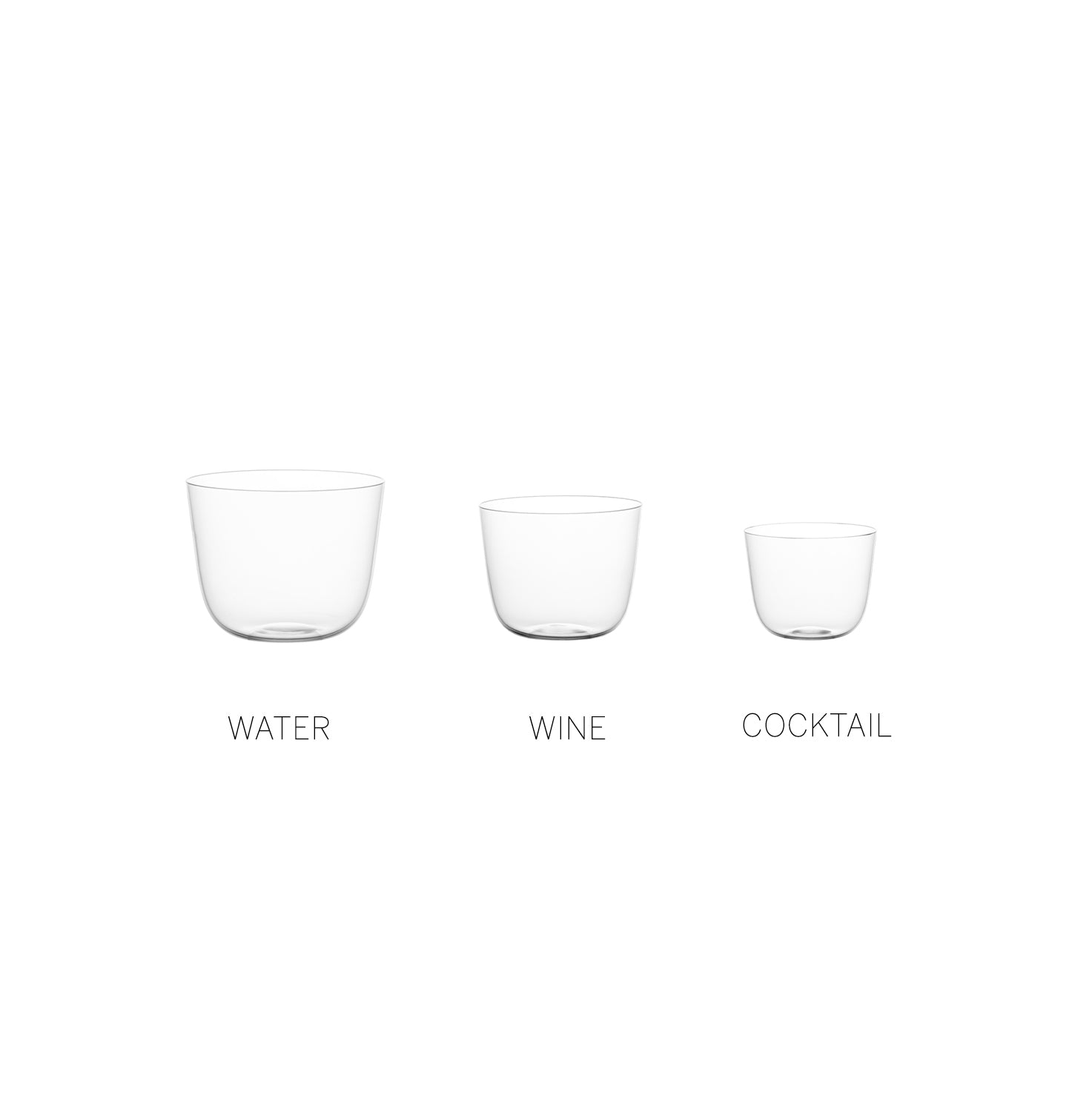 Three clear Lobmeyr glasses, labeled Alpha Water Tumbler - Viennese Chic for water, wine, and cocktails from left to right, stand empty against a plain white background.