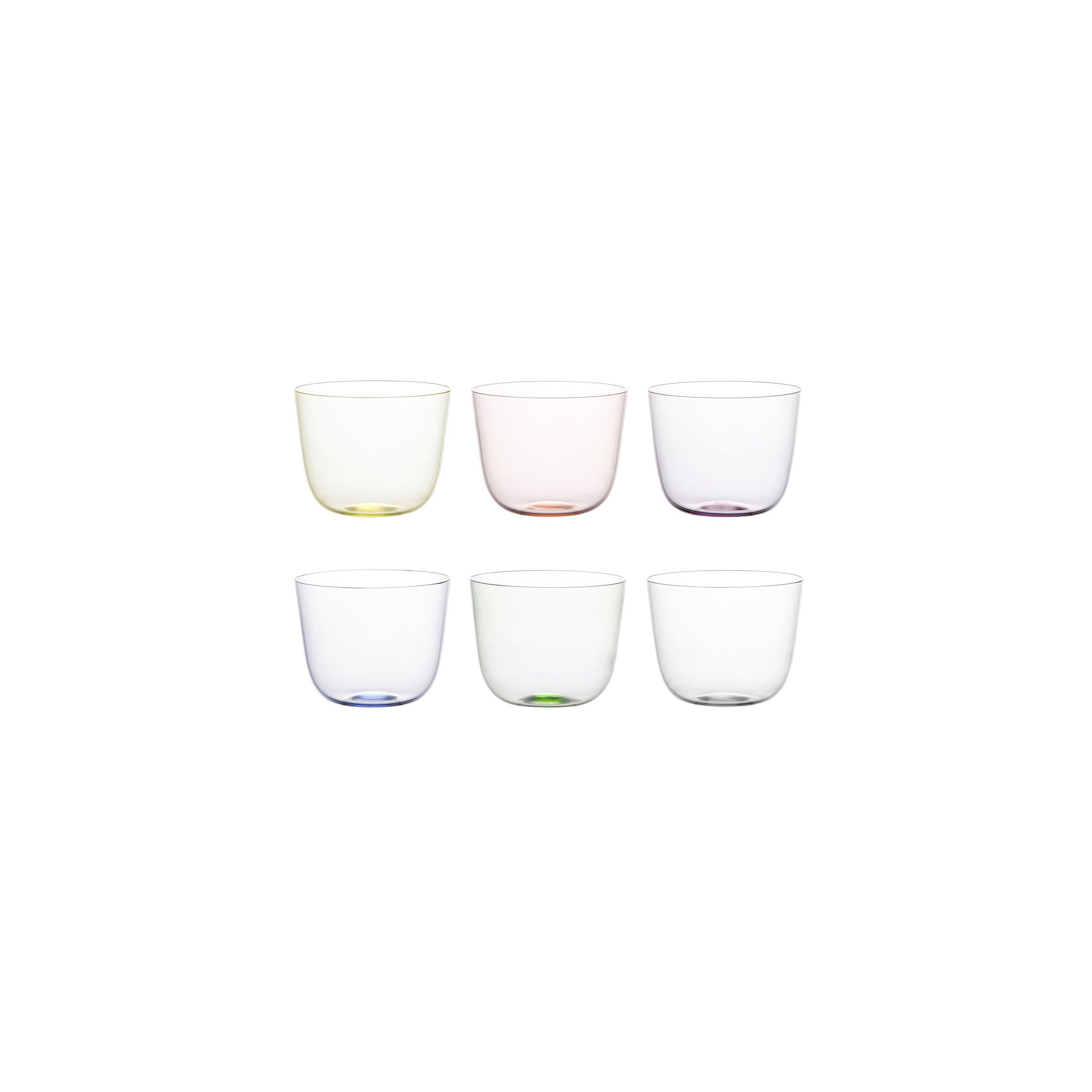 The Lobmeyr Alpha Cocktail Tumbler set features six stackable mouth-blown lead-free crystal glasses, subtly tinted in yellow, pink, purple, blue, green, and clear. Their smooth rounded shape is beautifully displayed against a white background in two rows.