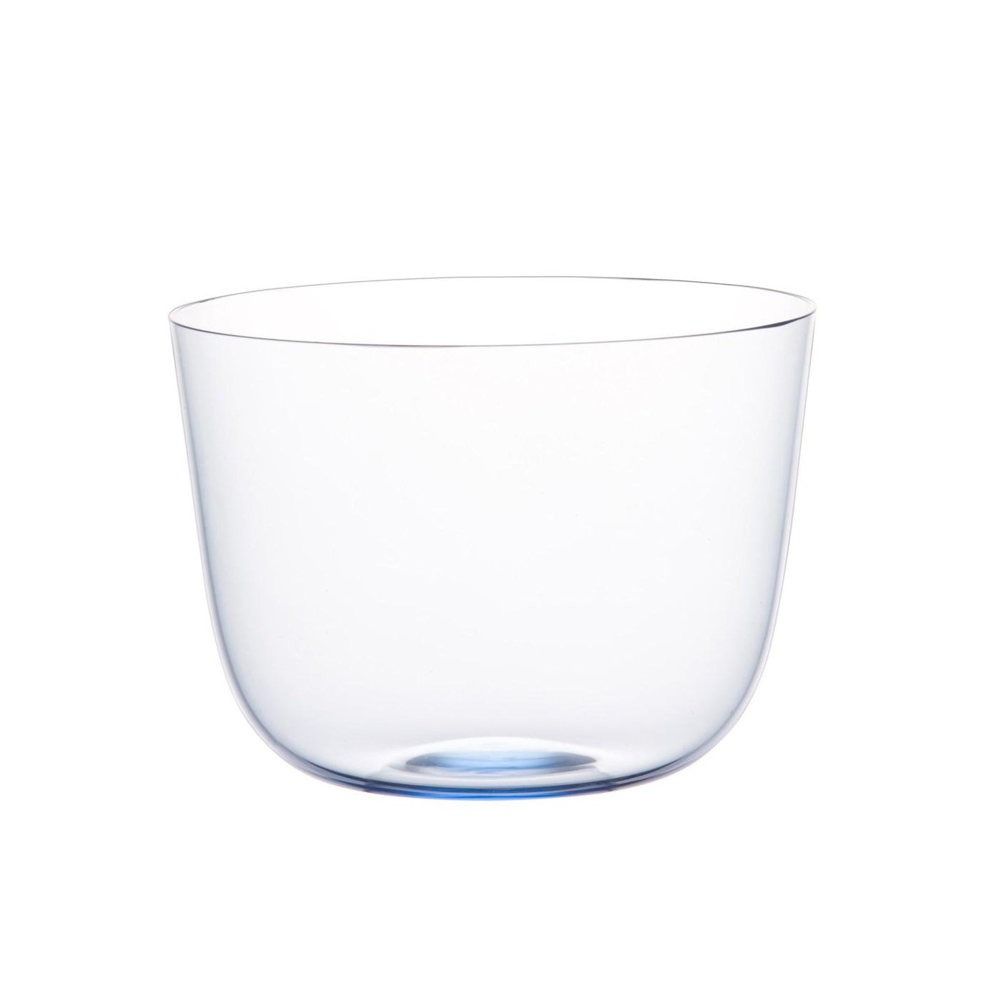 A minimalist Lobmeyr Alpha Salad Bowl, with a subtle blue-tinted base, set against a white background. This mouth-blown, lead-free crystal piece features smooth curves and an open top for effortless elegance.