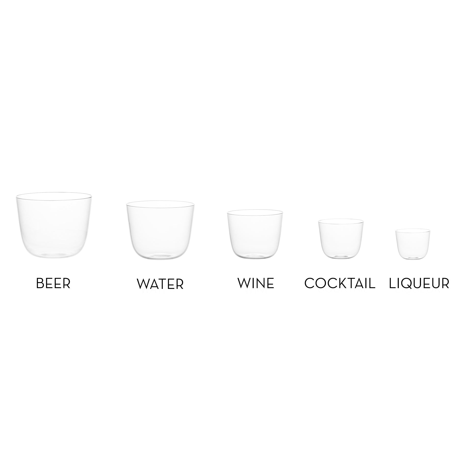 The five mouth-blown crystal glass types, including the Alpha Water Tumbler by Lobmeyr, are elegantly arranged from left to right: beer, water, wine, cocktail, and liqueur. Each piece is clear and progressively smaller in size; theyre both striking on display and conveniently stackable.