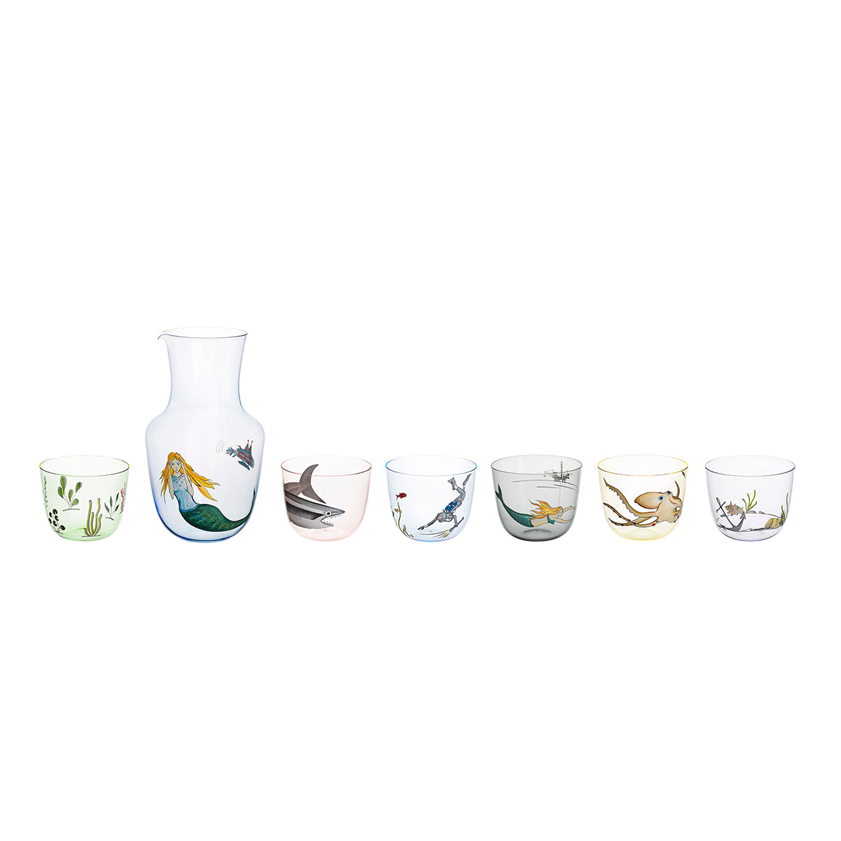 The Alpha High Seas by Lobmeyr is a mouth-blown lead-free crystal glass pitcher with a mermaid design, paired with six cups that each showcase unique marine-themed illustrations like fish, sea plants, and coastal animals, all elegantly lined up on a white background.
