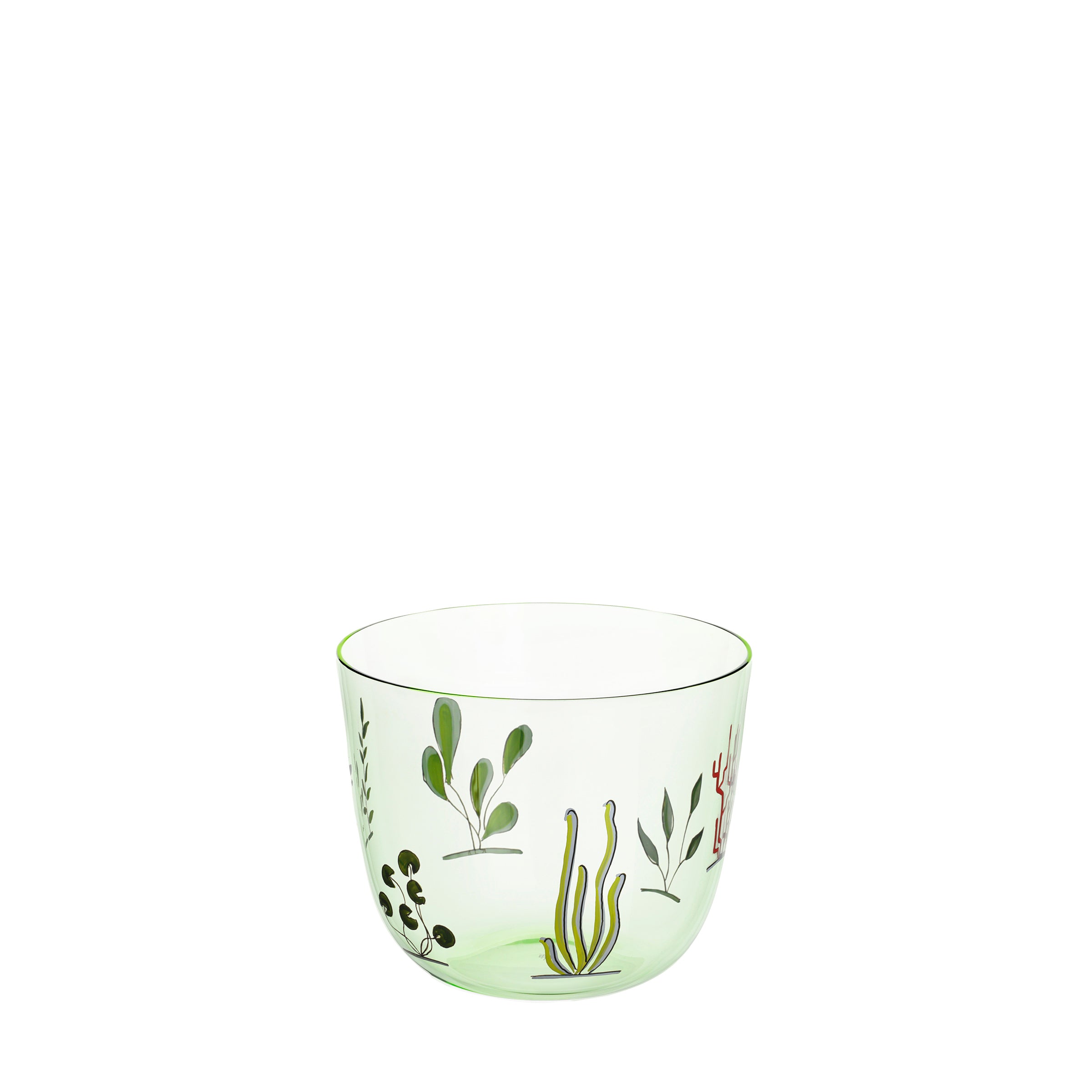 The Lobmeyr Alpha High Seas is a transparent green bowl crafted from mouth-blown lead-free crystal, showcasing colorful botanical illustrations of leaves and plants on a pure white background around its exterior.