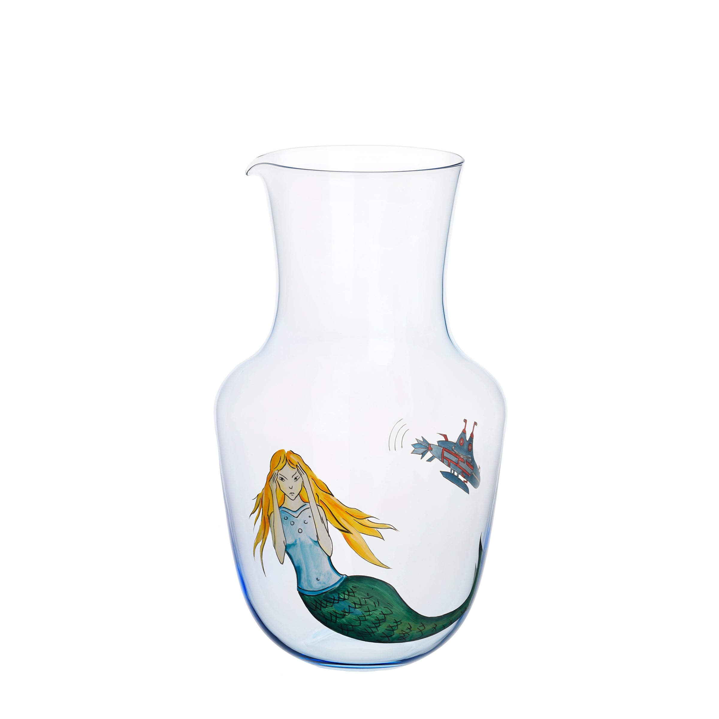 The Lobmeyr Alpha High Seas pitcher, crafted from mouth-blown lead-free crystal, features a mermaid with blonde hair and a green tail facing a vibrant fish. Its wide body and narrow spout enhance the enchanting sea-inspired design, offering elegance to any table setting.
