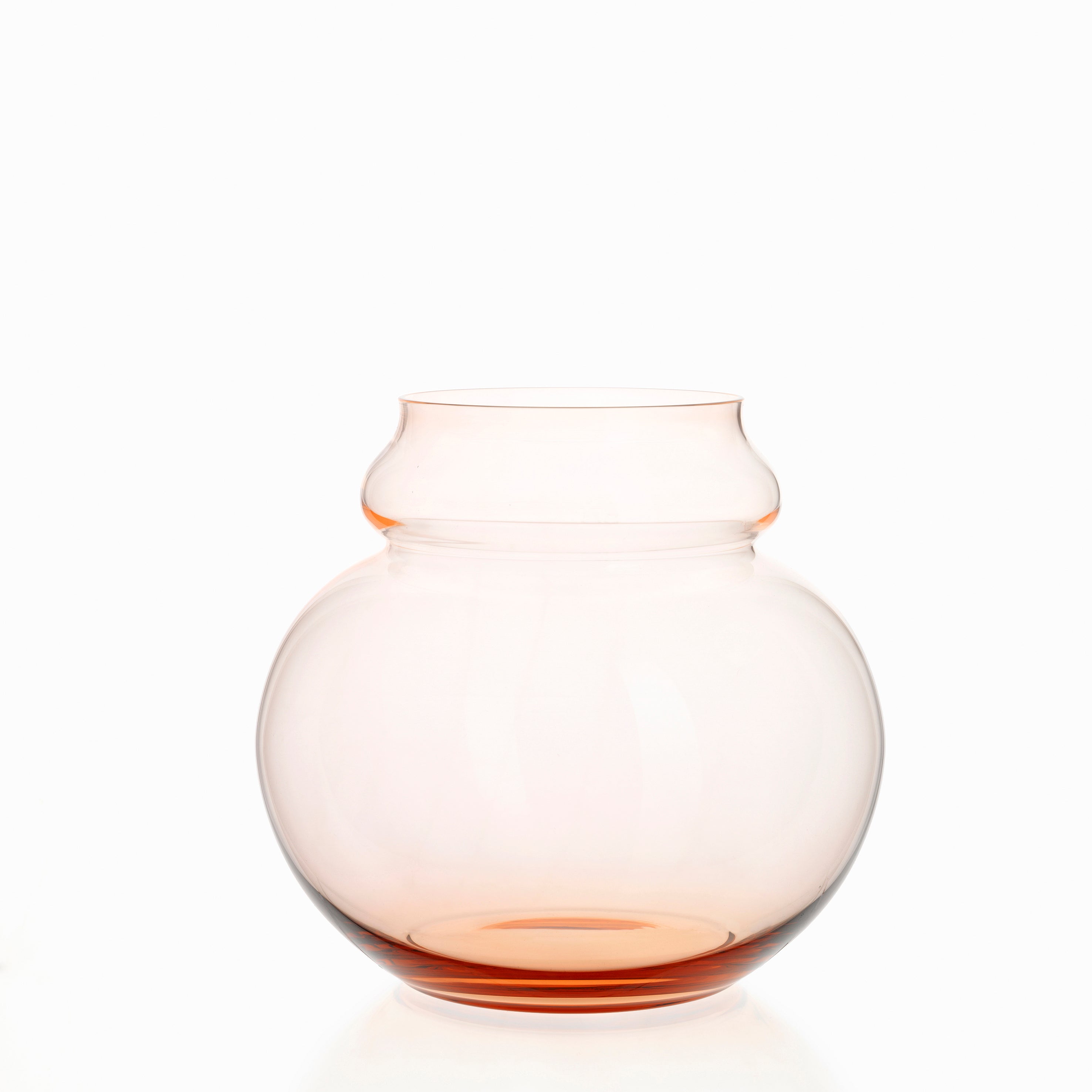 The BV71 Calabash Flower Vase by Lobmeyr is a round, translucent piece made from mouth-blown, lead-free crystal with a slightly flared neck. Its light orange hue adds minimalistic elegance, reminiscent of a calabash gourd silhouette against a white backdrop.