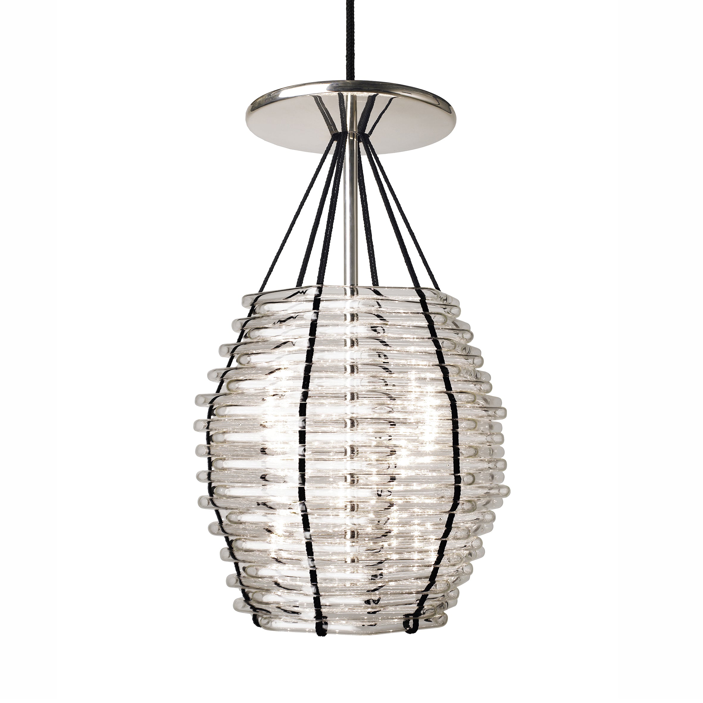 The Lobmeyr Basket Chandelier features a modern design with a cylindrical glass shade encased in black ropes and enhanced by mouth-blown crystal elements, all suspended from a sleek chrome ceiling mount.