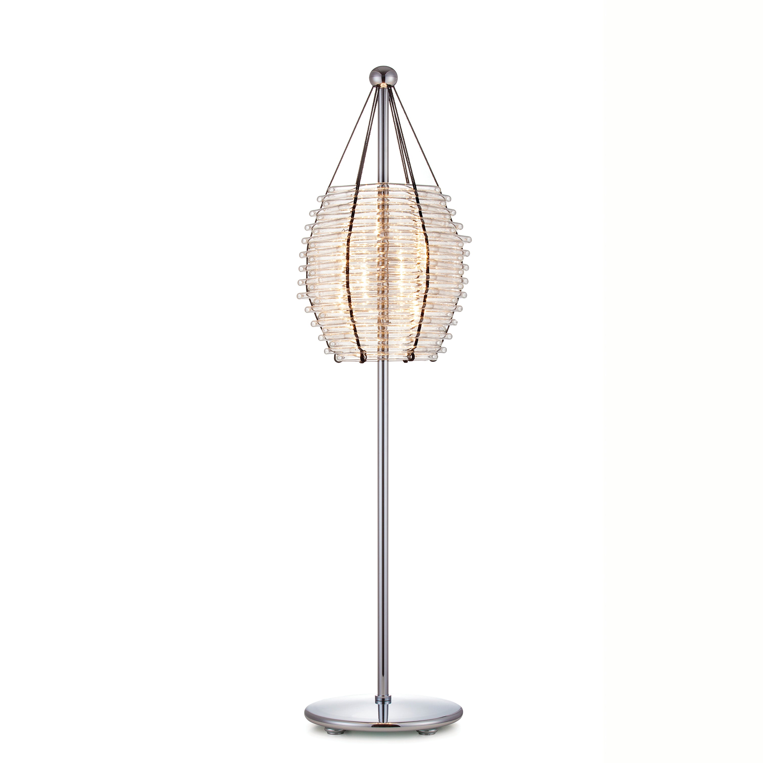 The Lobmeyr Basket Floor Lamp is a modern design with a sleek chrome base and stem, showcasing an oval-shaped shade composed of stacked transparent discs and glass tubes that emit a warm glow.