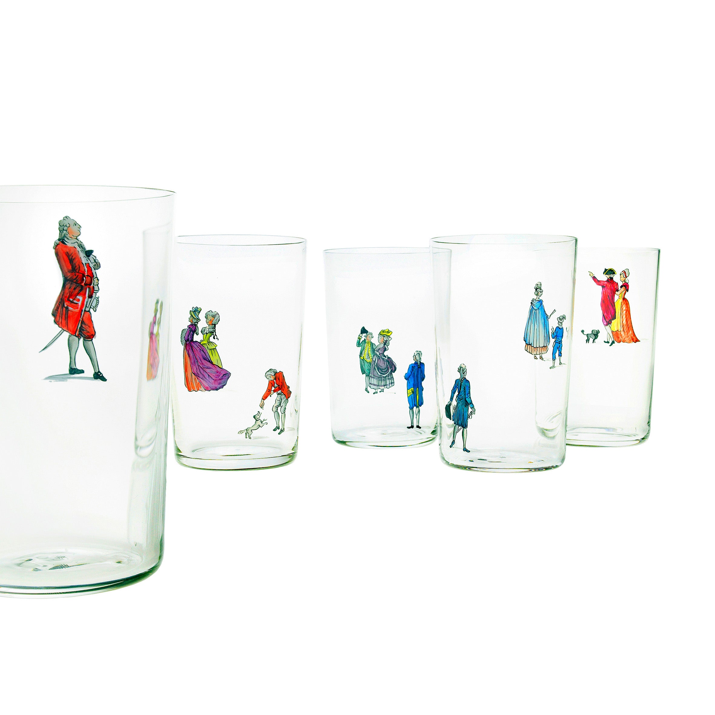 The Lobmeyr Biedermeier Tumbler - Promenade set includes five clear glass tumblers adorned with colorful, whimsical illustrations of historical figures, such as a man in a red coat and women in long dresses, capturing the vintage classic charm inspired by Wiener Veduten artistry.