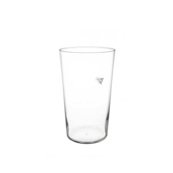 The Lobmeyr Drinking Set No. 257 features a tall, cylindrical glass made from lead-free crystal with a subtle etched bee design on its side, set against a plain white background.