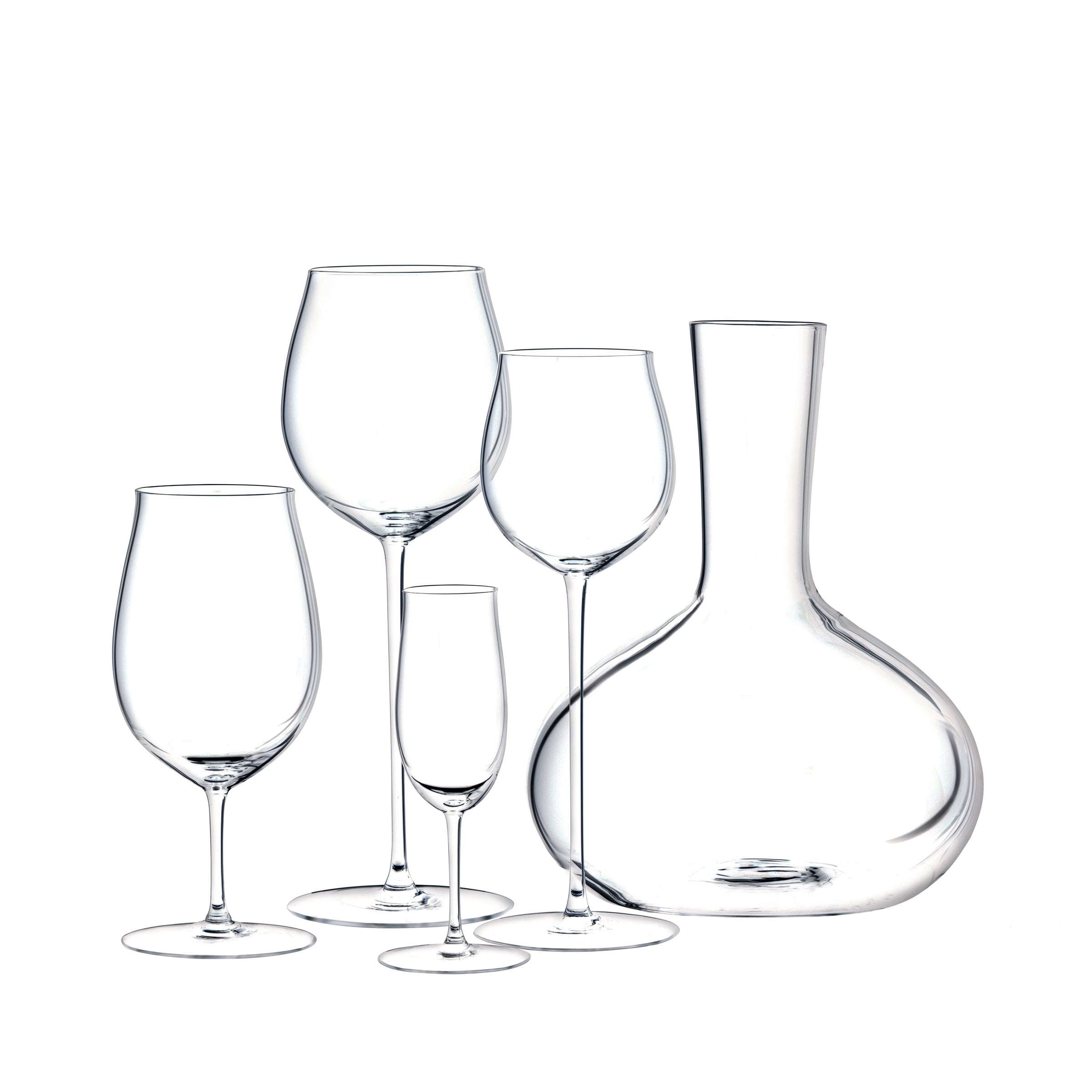The Lobmeyr Drinking Set No. 276 - Ballerina features mouth-blown, lead-free crystal glassware including three exquisite wine glasses, one champagne flute, and an elegantly curvy wine decanter, all beautifully arranged against a white background.