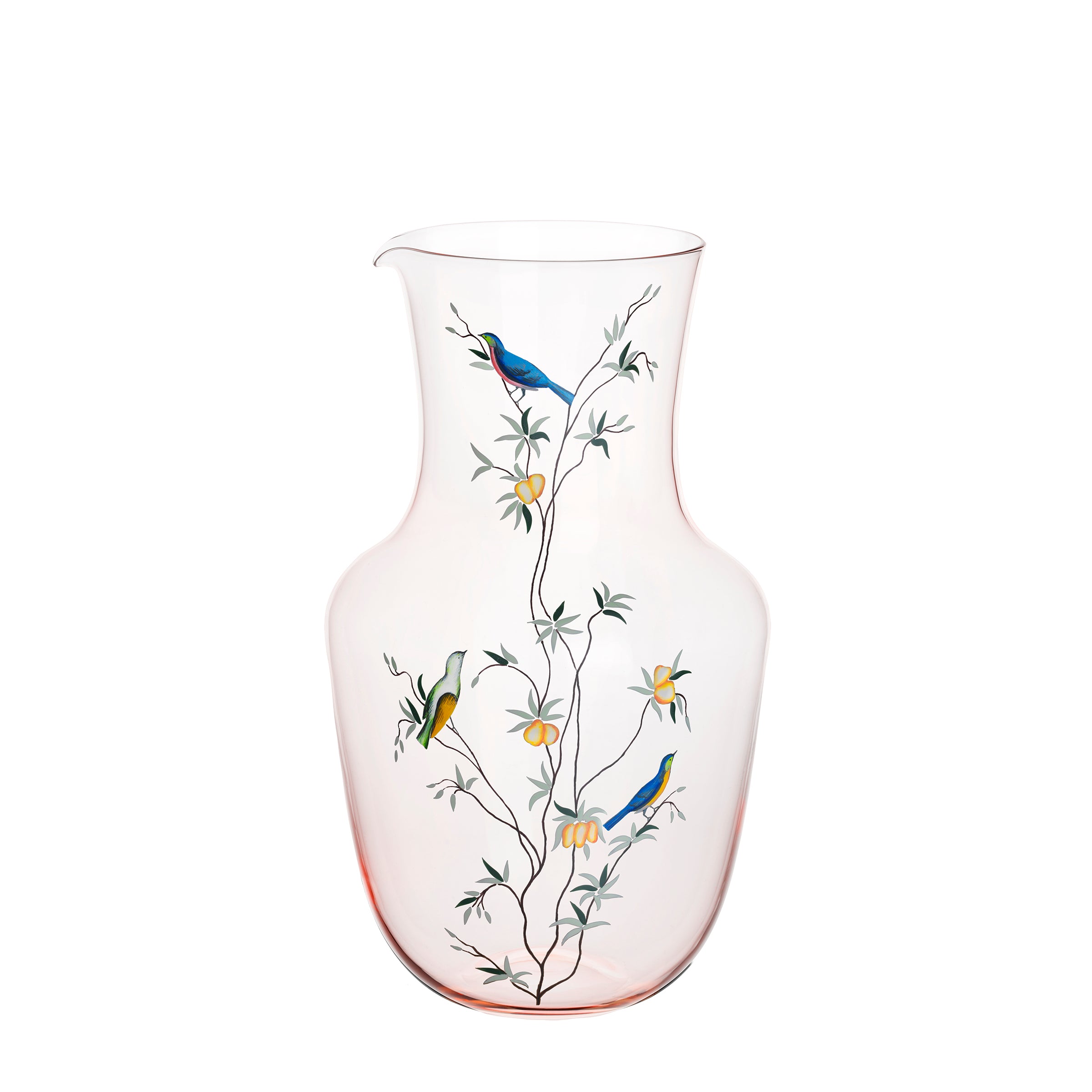 The Alpha Pitcher - Garden of Paradise by Lobmeyr features a clear glass design with branches adorned with flowers and three colorful birds in blue, green, and orange hues, contrasted against a plain white background.