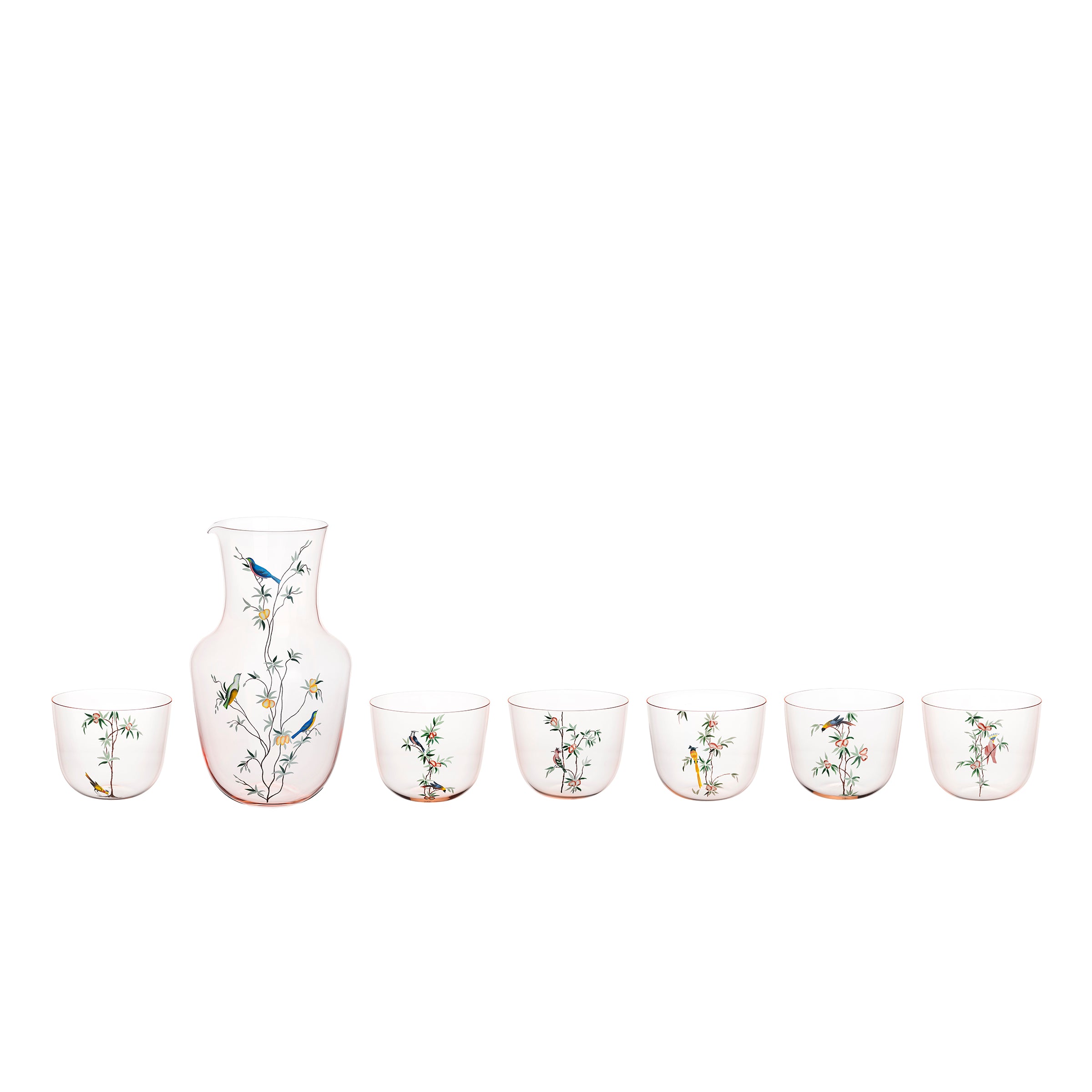 The Lobmeyr Alpha Pitcher - Garden of Paradise set includes six clear glass cups and a taller, wider pitcher, each elegantly decorated with bird and branch motifs. The rosalin water tumbler set is beautifully lined up against a plain white background.