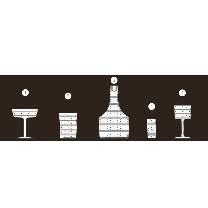 The Lobmeyr Drinking Set Serie A features silhouettes of five lead-free crystal glassware items against a dark backdrop: 1) coupe glass, 2) tumbler, 3) decanter, 4) highball glass, and 5) wine glass, each adorned with exquisite brick-like patterns.