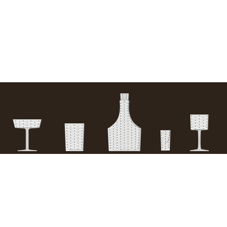 The Drinking Set Serie A by Lobmeyr includes a cocktail glass, tumbler, decanter, highball glass, and wine glass made of exquisite lead-free crystal, each featuring a white basket-weave pattern on a striking black background.