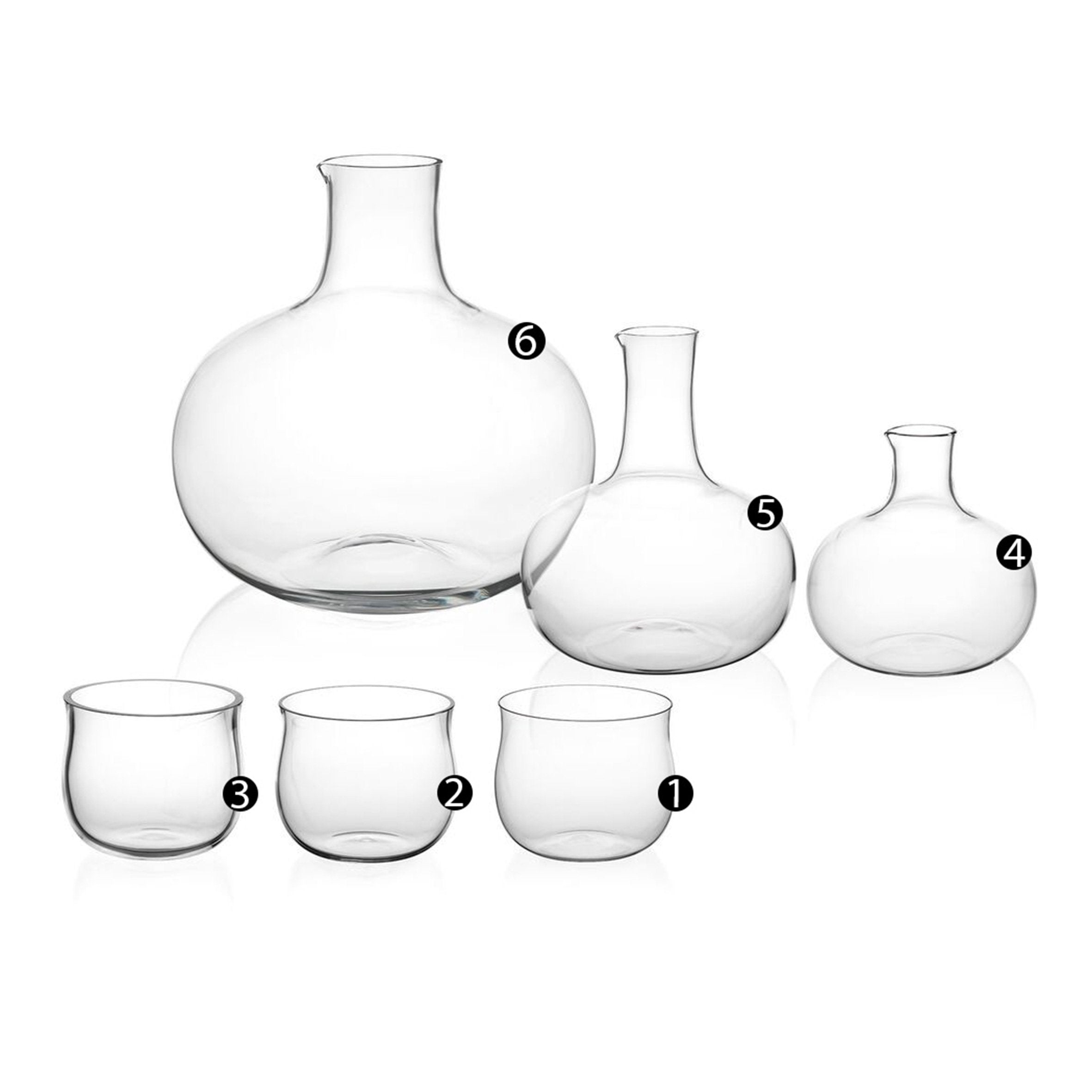The Lobmeyr Drinking Set No. 286 - Normal-Special features six clear mouth-blown lead-free crystal containers in various sizes and shapes, including small tumblers and larger vases with narrow necks, all showcasing a sleek, minimalist design against a white background.