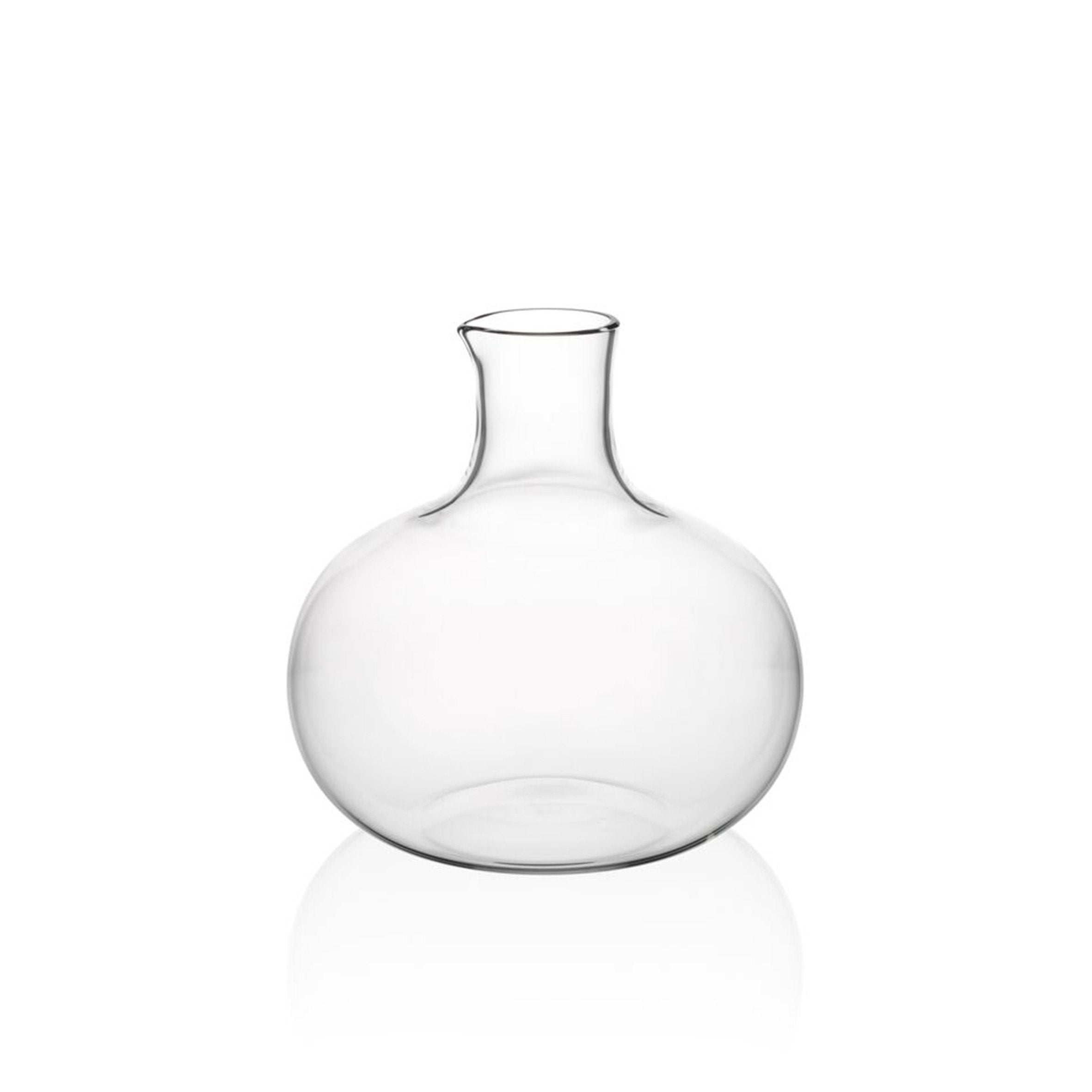 A clear, bulbous vase from Lobmeyrs Drinking Set No. 286 - Normal-Special is made from mouth-blown lead-free crystal with a narrow neck, set against a plain white background. Its simple design features smooth curves that cast subtle reflections and shadows.