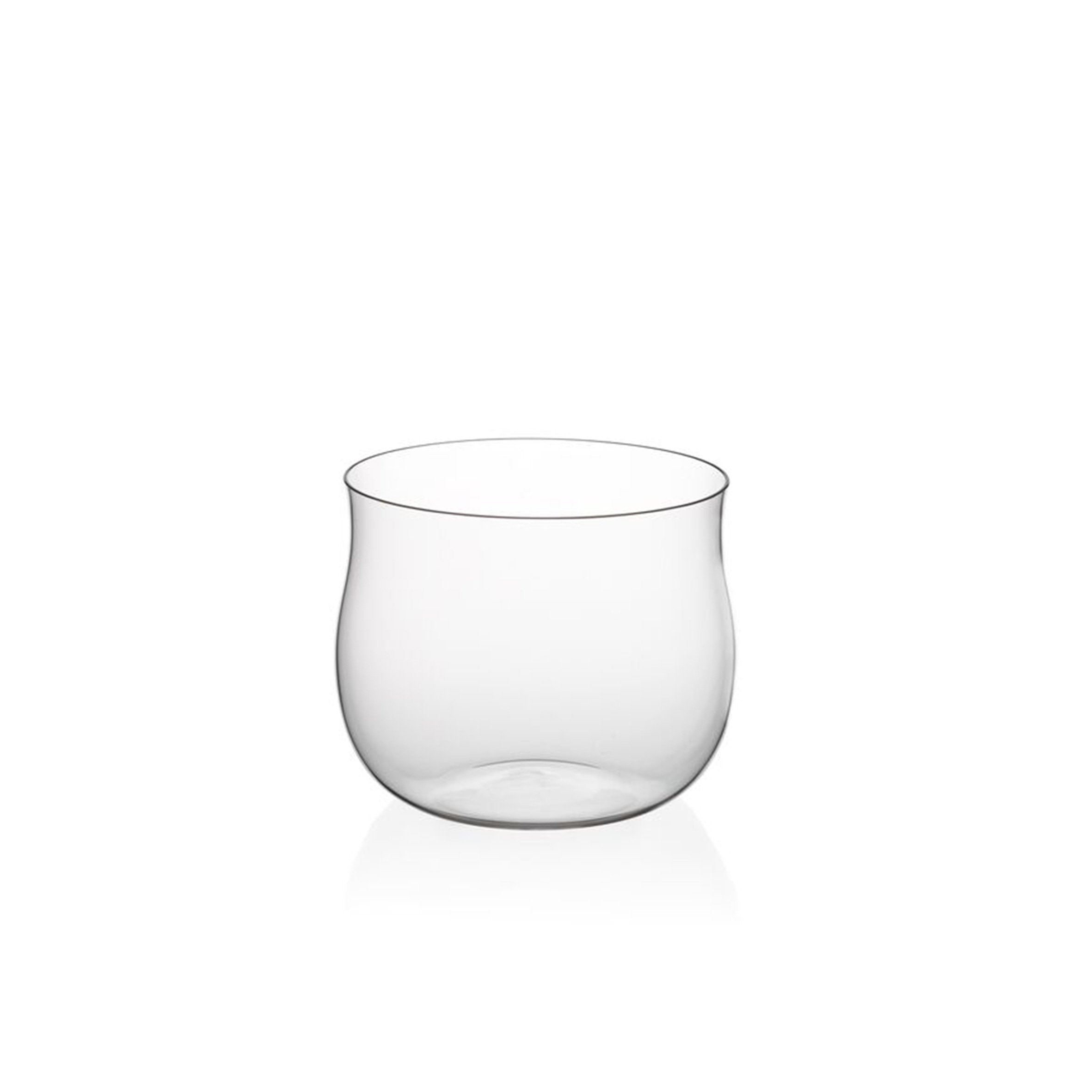 A round, clear glass vase with slightly curved sides and a smooth finish, made from mouth-blown lead-free crystal, by Lobmeyr is displayed on a plain white background.
