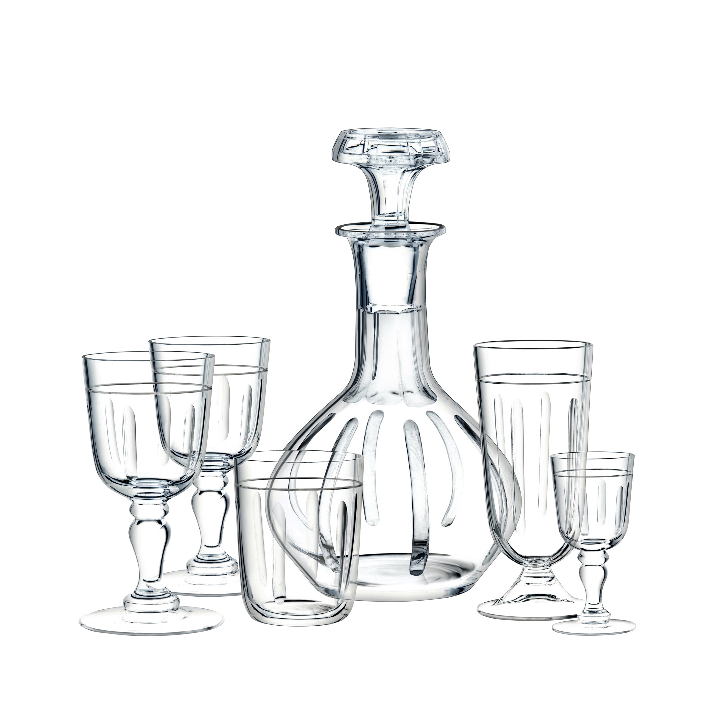 A lead-free crystal set on a white background from Lobmeyr, featuring the Drinking Set no. 104 - Reigen - Olive Cut: includes a decanter with stopper, four distinct Ludwig Lobmeyr stem design wine glasses of varying sizes, and a tumbler.