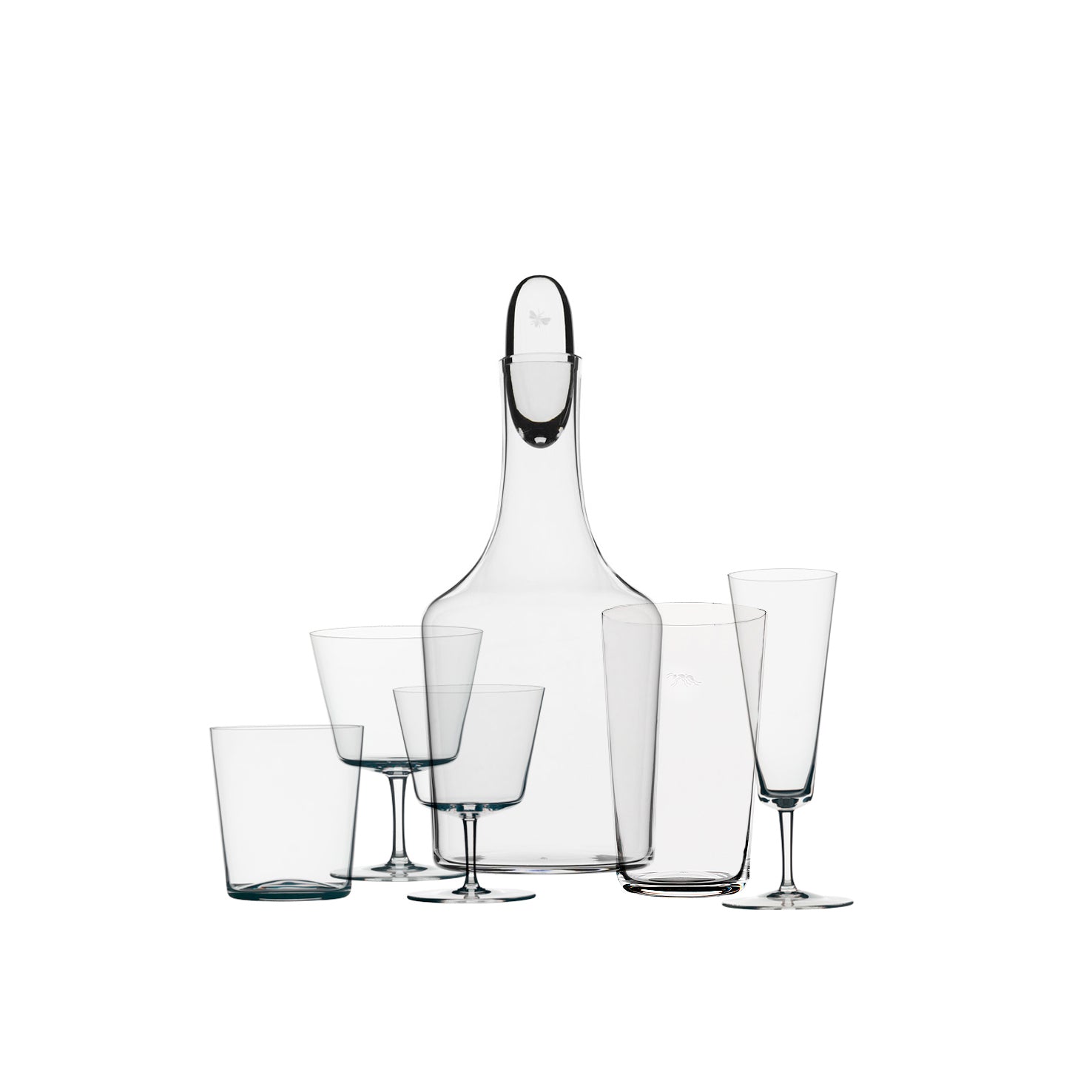 The Lobmeyr Drinking Set No. 257 with Engraved Insects features a lead-free crystal large carafe with stopper, two wine glasses, a cocktail glass, a highball glass, and a tumbler, all beautifully displayed on a white background.