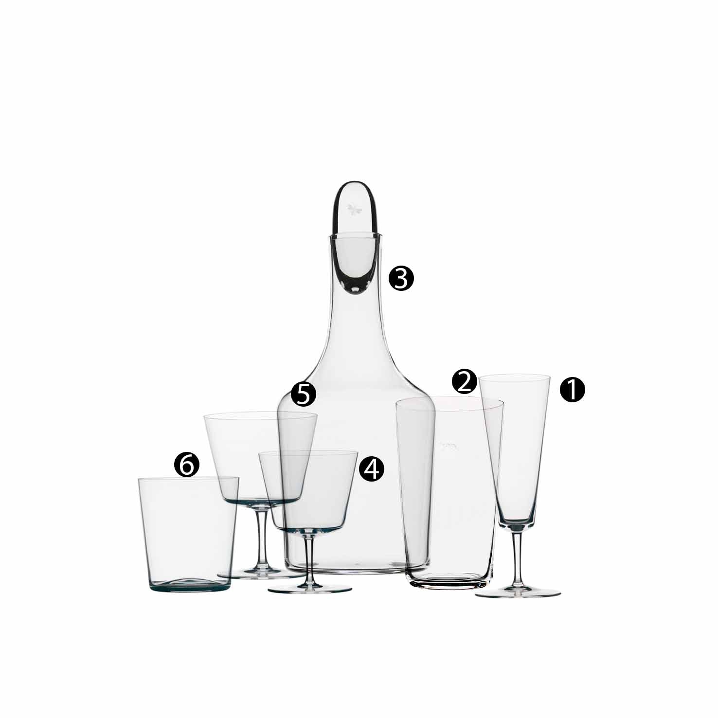 The Lobmeyr Drinking Set No. 257 - Commodore features six exquisite mouth-blown, lead-free crystal pieces on a white background: tall glasses, goblets, a decanter, and a tumbler. Each item in the series is labeled with black numbers 1 through 6.