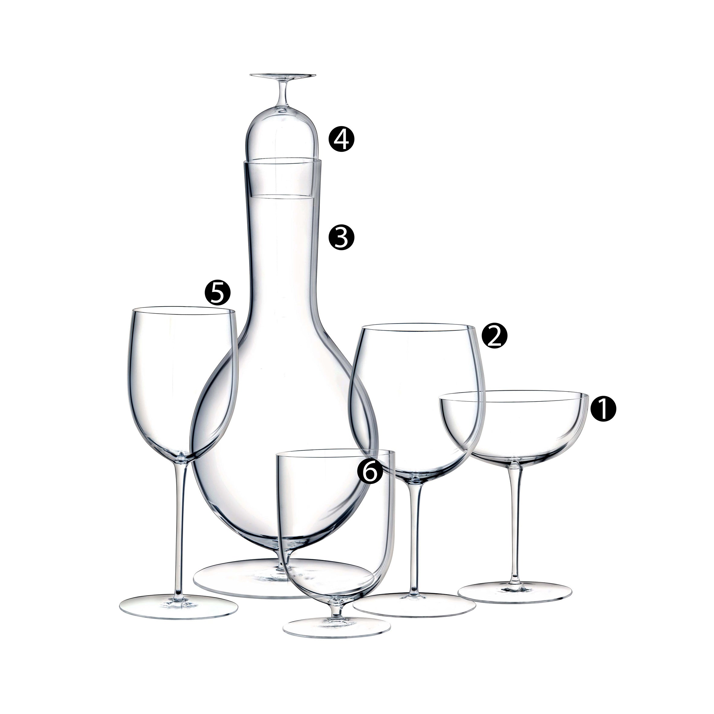 Lobmeyrs Drinking Set No. 280 - Wiener Gemischter Satz features five exquisite crystal pieces on a white background: a tall decanter with stopper, two mouth-blown wine glasses, a coupe glass, and a smaller stemmed glass, each elegantly numbered 1 to 6.