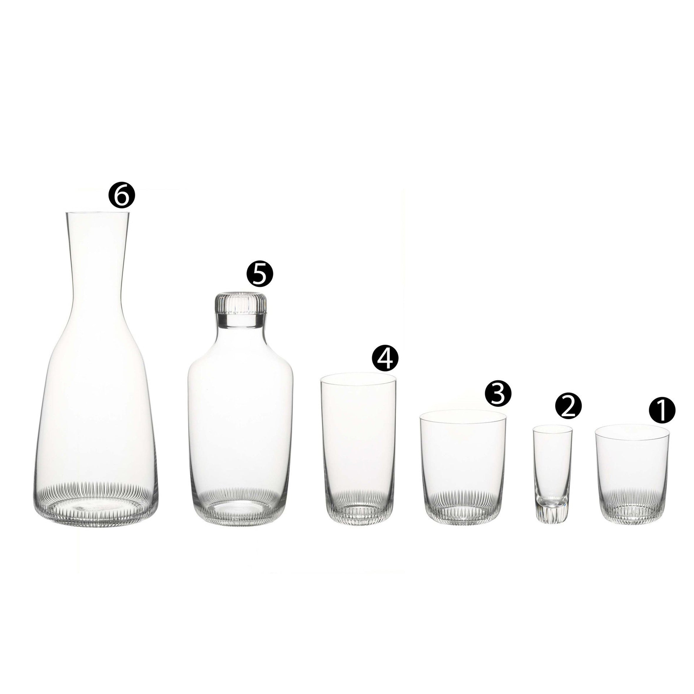 The Lobmeyr Drinking Set No. 281 - Grip, designed by Marco Dessi, is a set of six mouth-blown crystal glassware items varying in shape and size, including a carafe, capped bottle, tall glass, medium glass, shot glass, and small glass—each elegantly numbered from 1 to 6.