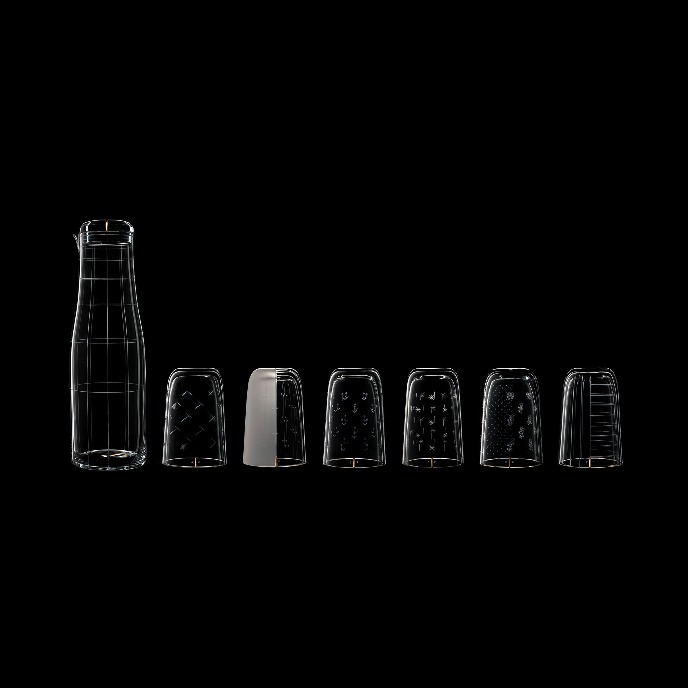 A transparent glass pitcher and set of six Lobmeyr Drinking Set No. 284 Alphabet wine glasses on a black background, each with unique etched patterns including crosshatch and vertical stripes, arranged linearly to emphasize the elegance and simplicity of this exquisite table setting.