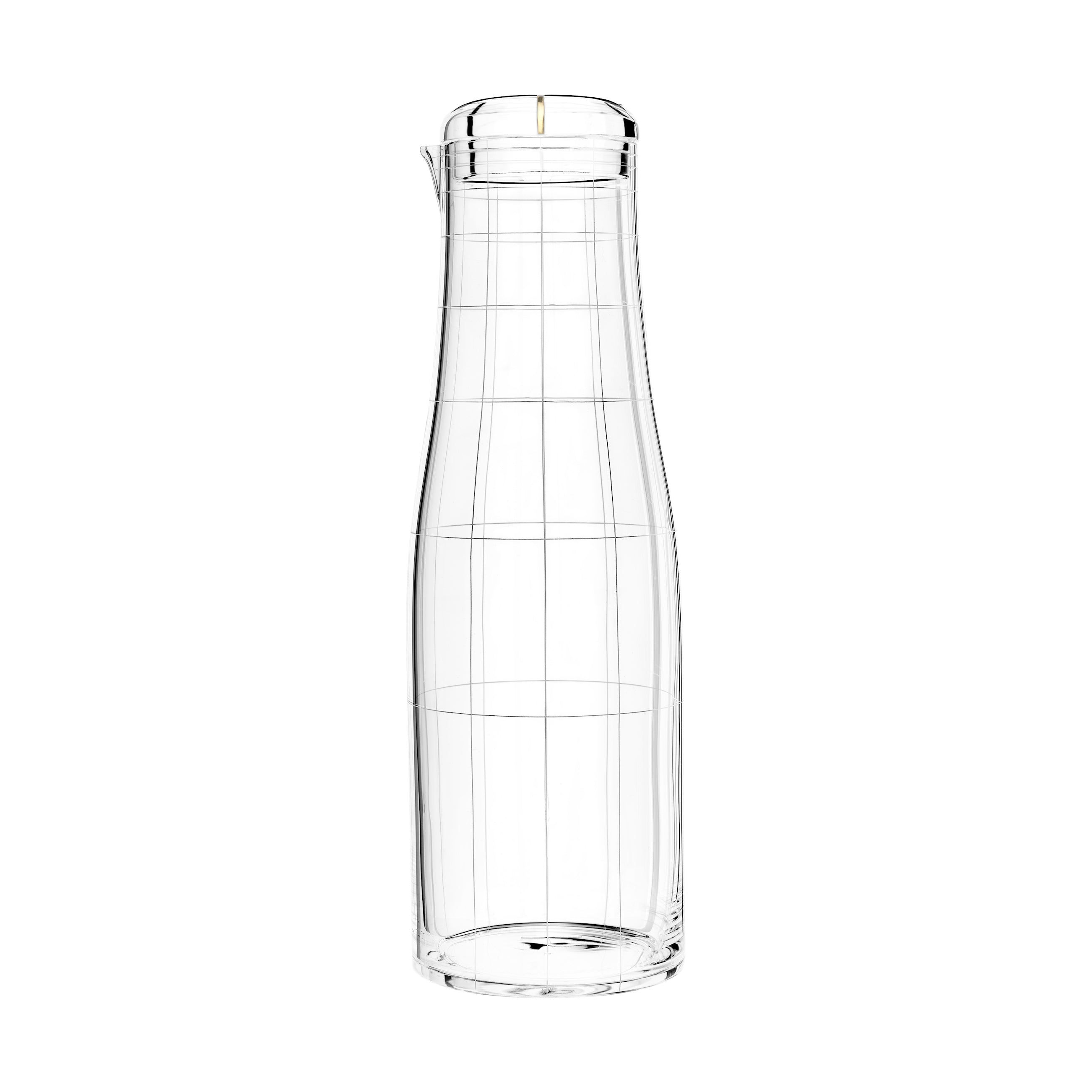 The Drinking Set No. 284 Alphabet by Lobmeyr features a tall, transparent glass bottle with a narrow neck and wider base. Its etched vertical lines and lid with spout make it an exquisite addition to any elegant table setting.