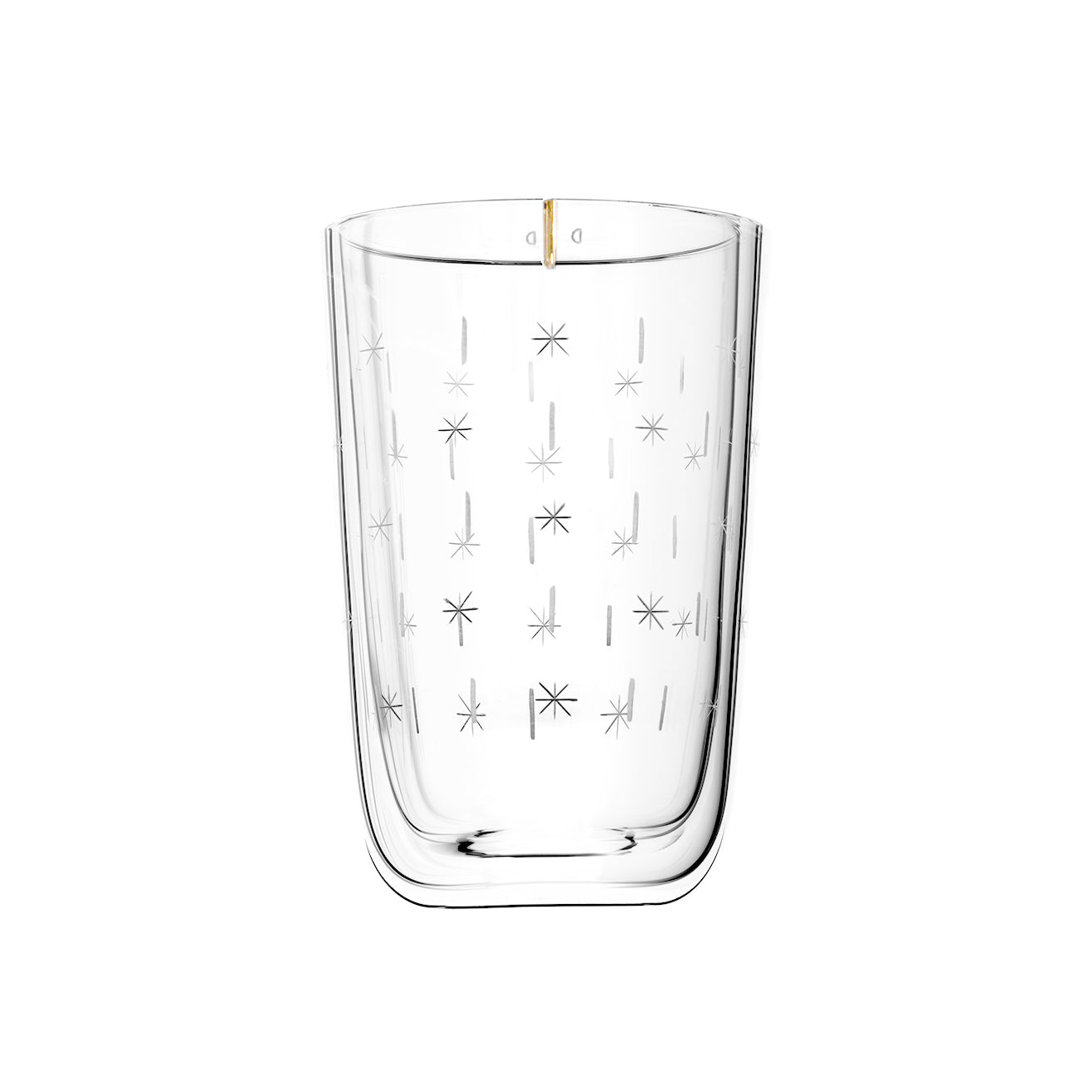 The Drinking Set No. 284 Alphabet by Lobmeyr features a clear glass tumbler with an intricate etching of stars and vertical lines and a gold rim, echoing the brands signature elegance. It rests against a white background, ready to enhance any table setting.
