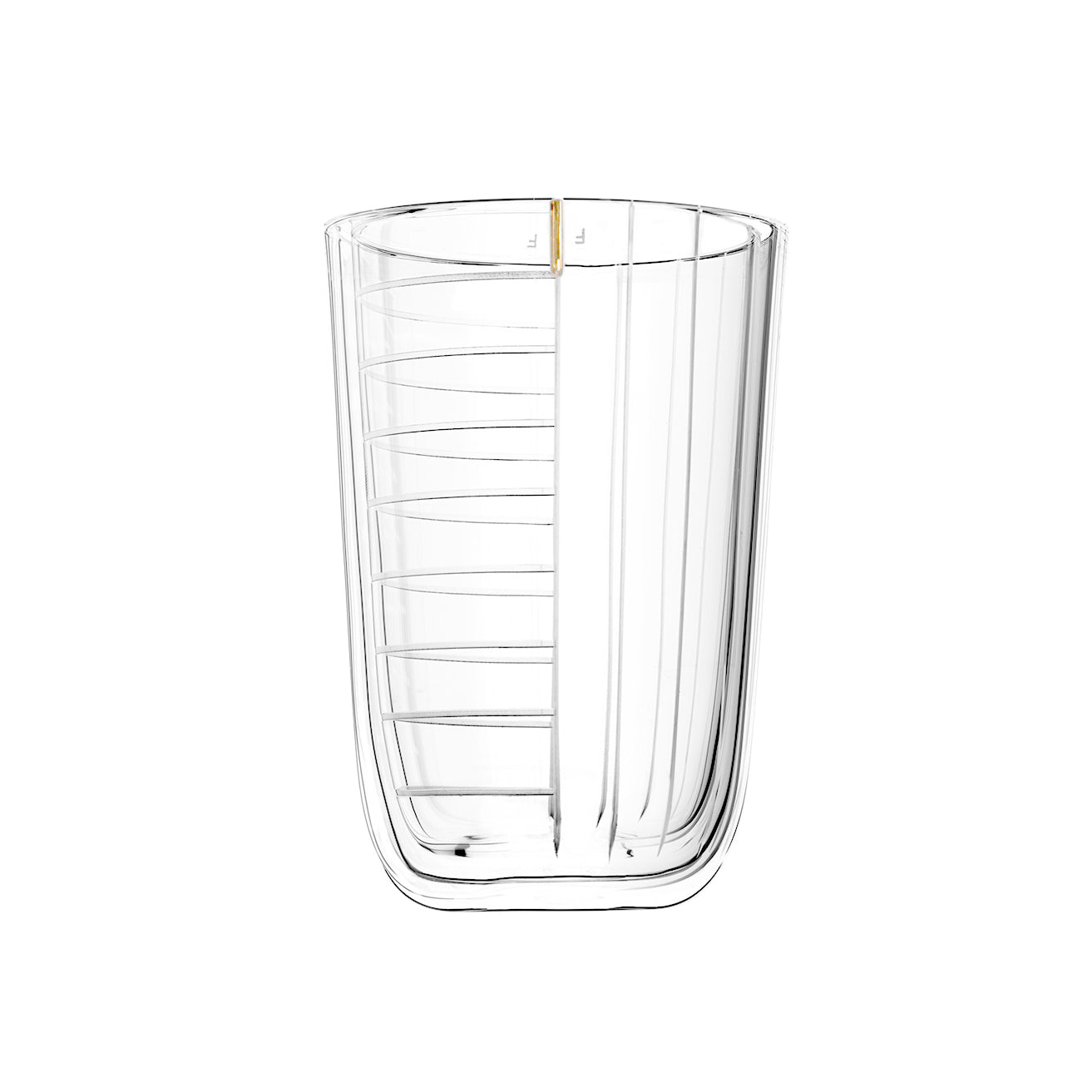This Lobmeyr Drinking Set No. 284 Alphabet wine glass features transparent glass with distinct vertical and horizontal lines and a vertical gold accent near the rim, blending minimalist aesthetics with geometric patterns for a stunning table addition.