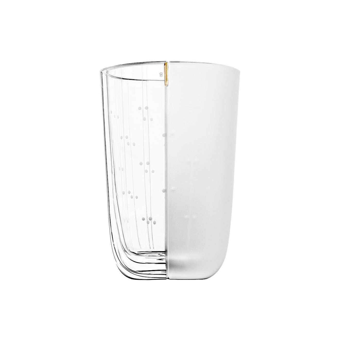 The Lobmeyr Drinking Set No. 284 Alphabet features a chic design with a clear left side etched with vertical lines and dots, a frosted right side, and an elegant gold line dividing them, making it a stylish centerpiece for any table setting.