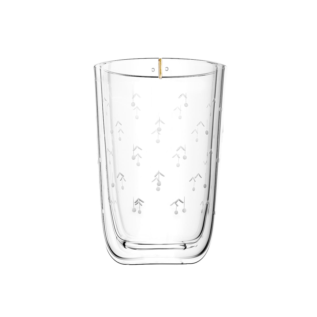 The Drinking Set No. 284 Alphabet by Lobmeyr boasts a clear glass vase with subtle cherry patterns, a sleek modern design, and a gold accent at the top—ideal as an elegant centerpiece against a white background.