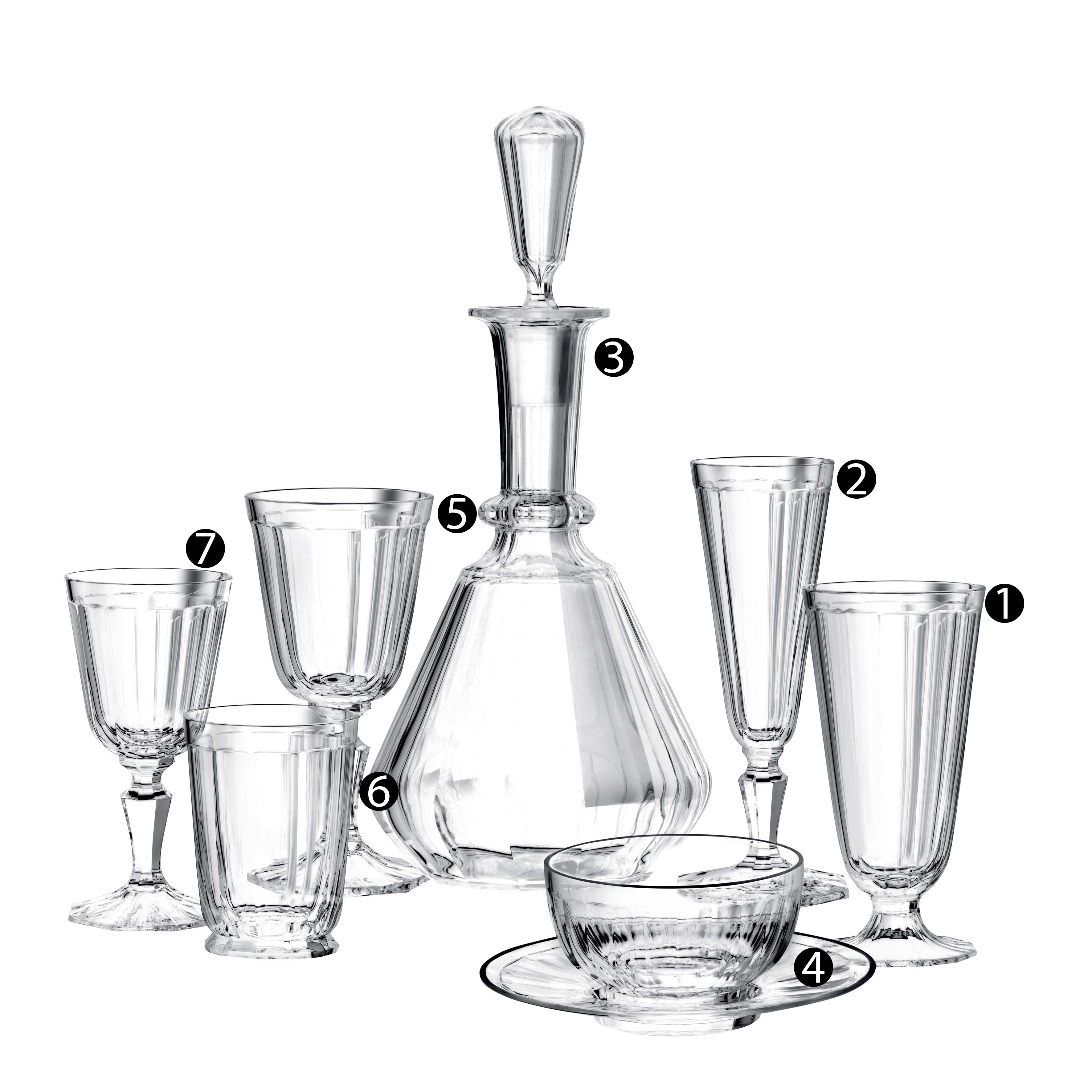 Explore the sophistication of Lobmeyrs Drinking Set No. 98 - Palais with Facette Cut, including a decanter with stopper, tall glasses, short goblets, a small bowl, and saucer. Each mouth-blown crystal piece is numbered 1 to 7 and showcases iconic Ludwig Lobmeyr design.