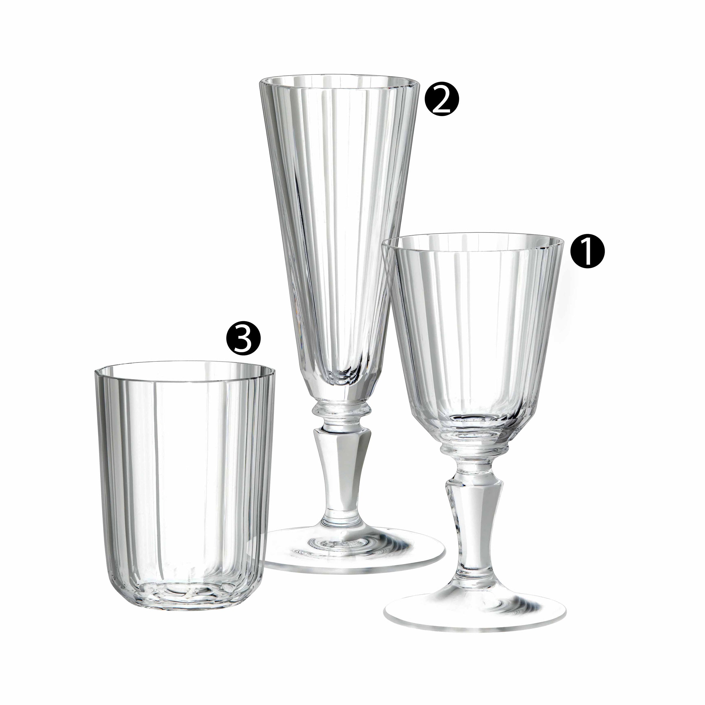 Displayed are three exquisite, mouth-blown crystal glasses from the Lobmeyr Drinking Set No. 98 - Palais with Simple Facette Cut: a wide-bowled stem glass, a tall flute, and a short tumbler, each labeled 1, 2, and 3 showcasing Wiener Werkstätte elegance.
