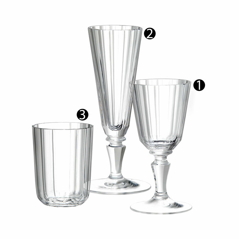 Displayed are three exquisite, mouth-blown crystal glasses from the Lobmeyr Drinking Set No. 98 - Palais with Simple Facette Cut: a wide-bowled stem glass, a tall flute, and a short tumbler, each labeled 1, 2, and 3 showcasing Wiener Werkstätte elegance.