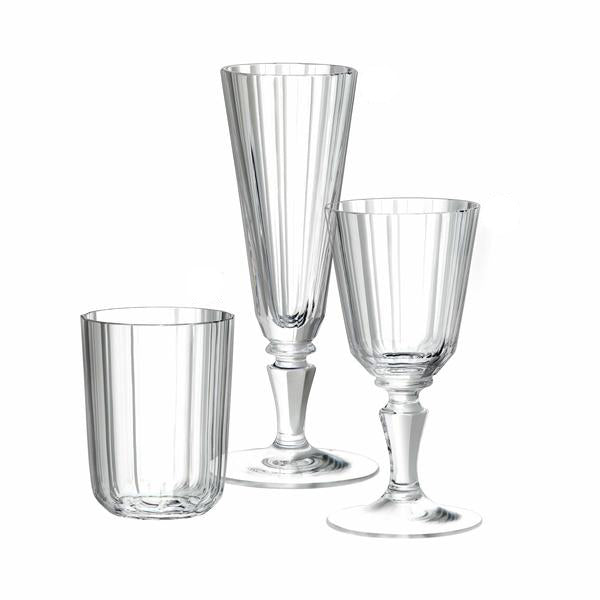 The Lobmeyr Drinking Set No. 98 - Palais with Simple Facette Cut, featuring three exquisite mouth-blown crystal glassware pieces—a short tumbler, a tall champagne flute, and a goblet—displays a reflective ribbed design on a white background.