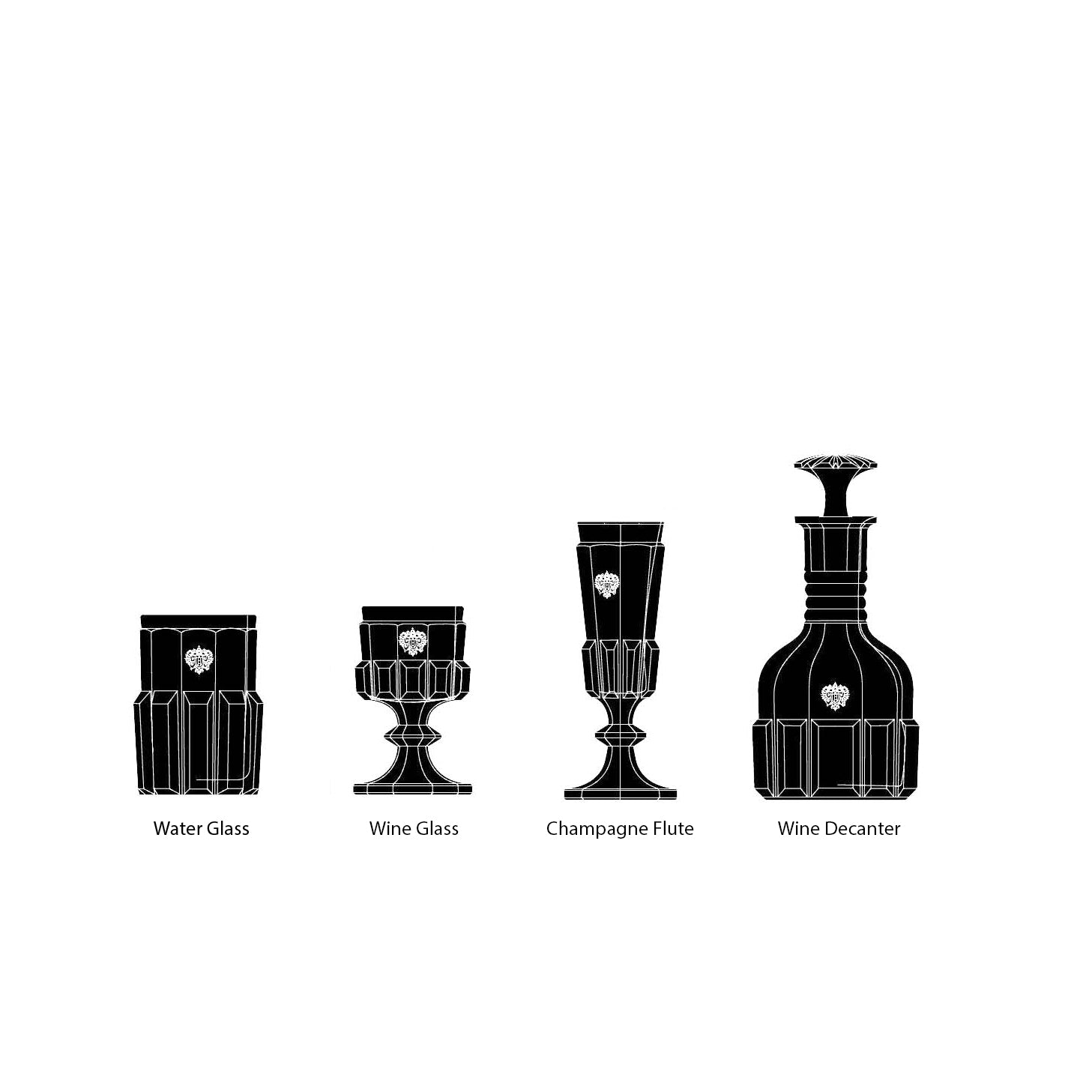The image depicts four crystal pieces: a water glass, wine glass, champagne flute, and decanter. Each is labeled with its name and showcases the classic Lobmeyr Hofburg style, featuring white outlines on a black background to highlight their elegance.