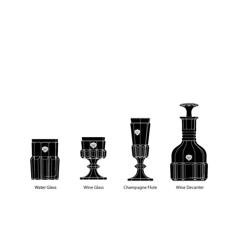 The image depicts four crystal pieces: a water glass, wine glass, champagne flute, and decanter. Each is labeled with its name and showcases the classic Lobmeyr Hofburg style, featuring white outlines on a black background to highlight their elegance.