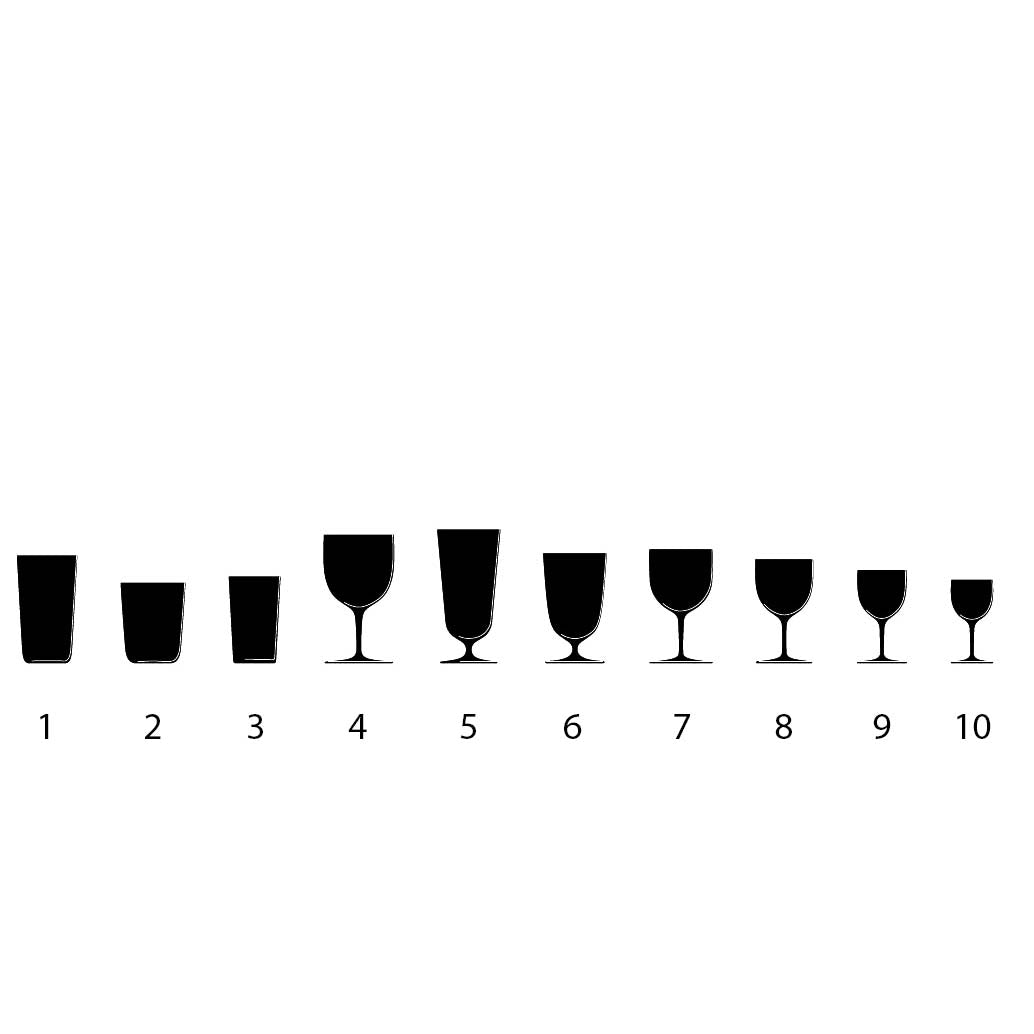 The Lobmeyr Drinking Set No. 4 features ten black silhouettes of varying drinking glasses, including tumblers, wine glasses, and goblets, all numbered from 1 to 10 against a white background.