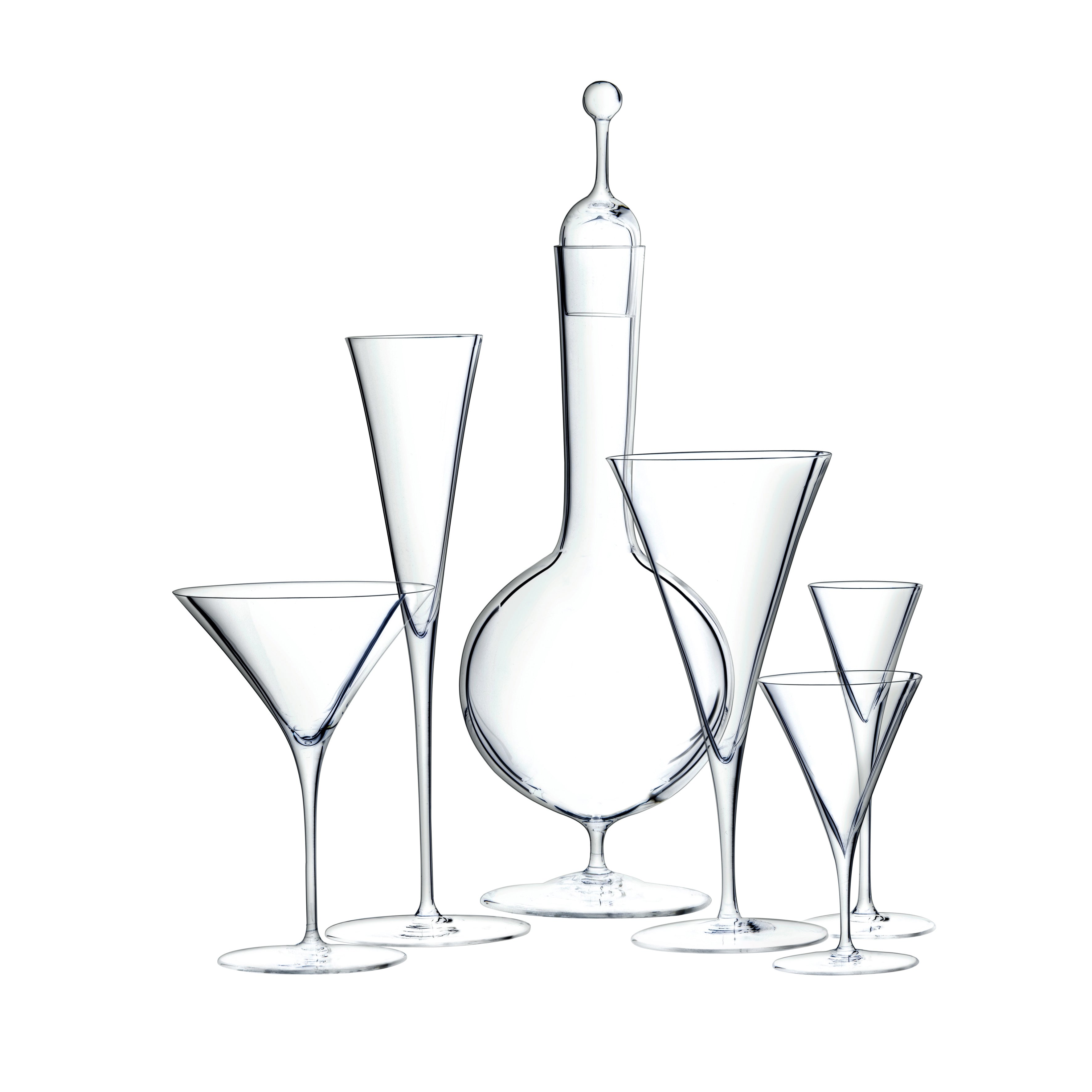 A collection of elegant Lobmeyr Drinking Set No. 240 - Ambassador on a white background, with an Oswald Haerdtl design. This lead-free, mouth-blown crystal set includes a decanter with a spherical stopper and wine and cocktail glasses, all featuring long, thin stems.