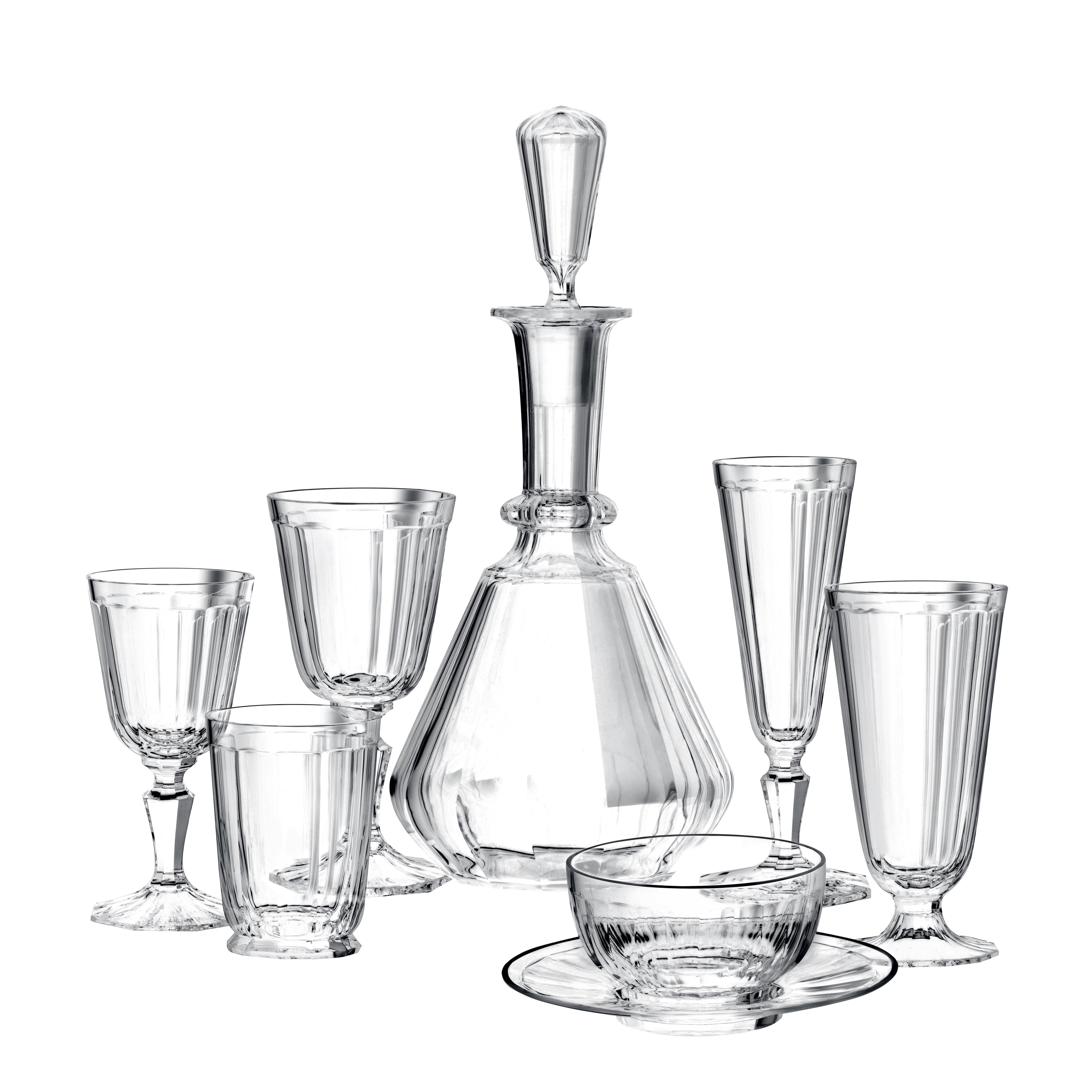 The Lobmeyr Drinking Set No. 98 - Palais with Facette Cut includes a mouth-blown crystal decanter with stopper, five glasses of varying sizes, and a bowl with saucer, elegantly arranged on a white background.