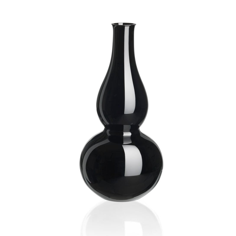 The BV71 Calabash Flower Vase by Lobmeyr is a glossy black vase with a narrow neck and bulbous base, crafted in a calabash gourd shape. Made from mouth-blown, lead-free crystal, its smooth surfaces reflect light against a white background.