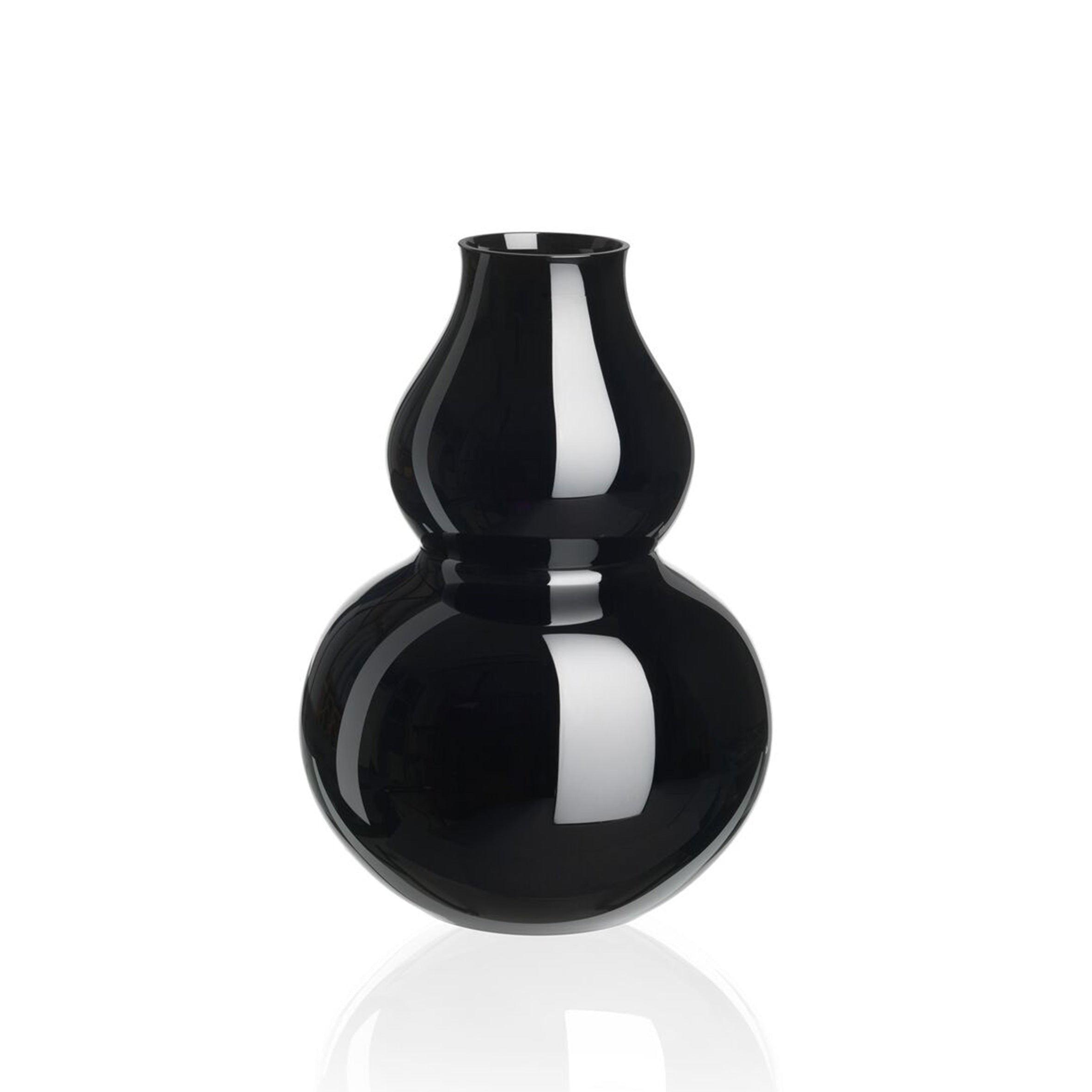 The BV71 Calabash Flower Vase by Lobmeyr is a sleek, glossy glass vase shaped like a calabash gourd. It features a narrow opening and smooth contours with a reflective surface, highlighted against a white background to show its bulbous middle and tapered top for an elegant, modern look.