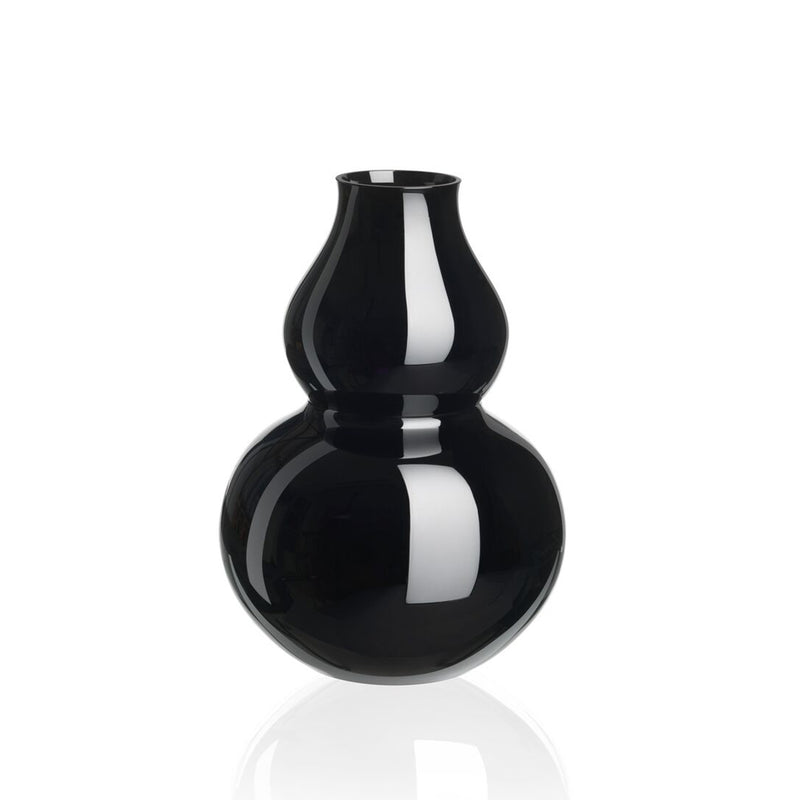 The BV71 Calabash Flower Vase by Lobmeyr is a sleek, glossy glass vase shaped like a calabash gourd. It features a narrow opening and smooth contours with a reflective surface, highlighted against a white background to show its bulbous middle and tapered top for an elegant, modern look.