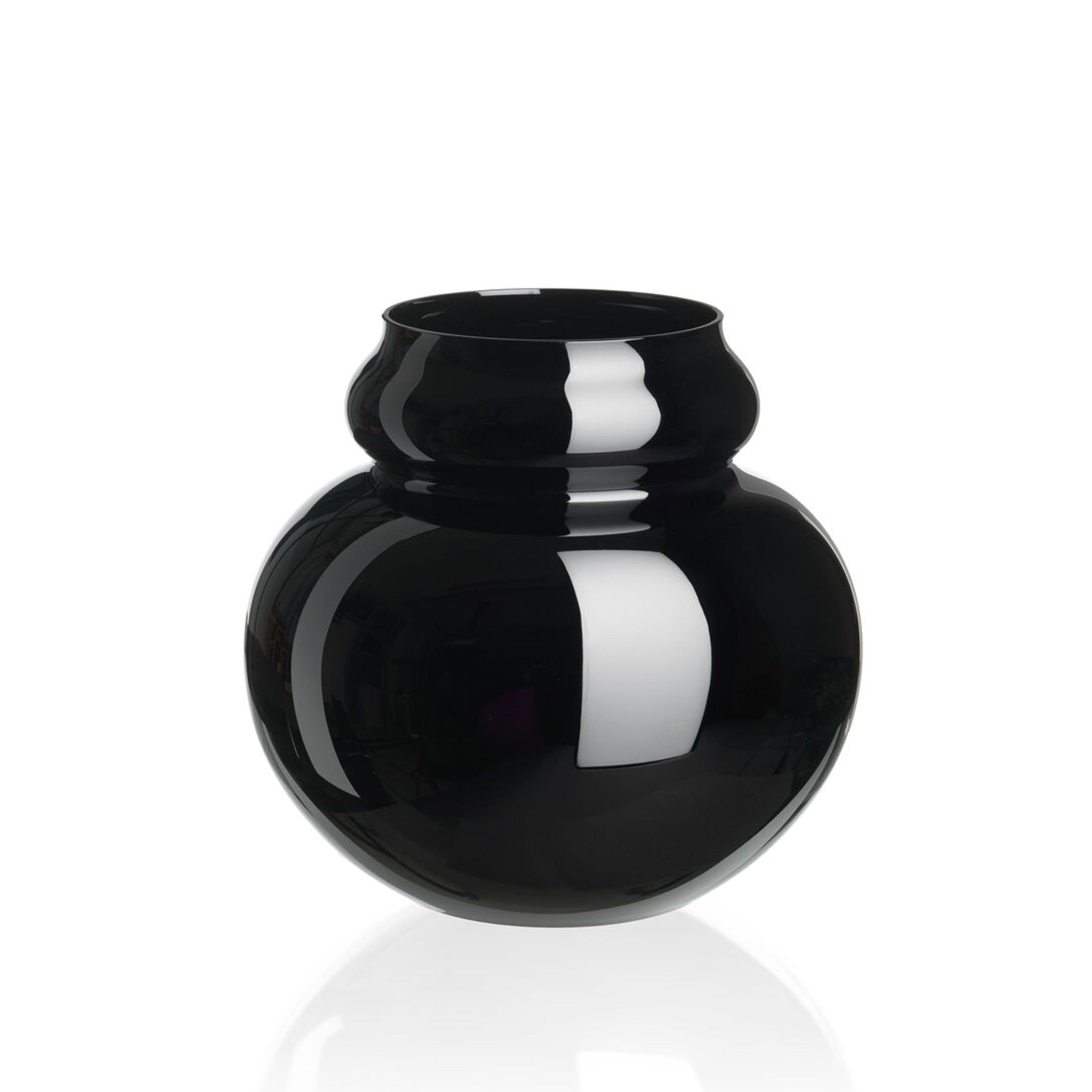 The Lobmeyr BV71 Calabash Flower Vase features a glossy black glass design with a round, bulbous shape similar to a calabash gourd. Its reflective surface accentuates the smooth texture, while the slightly narrower neck adds to its modern, elegant style.
