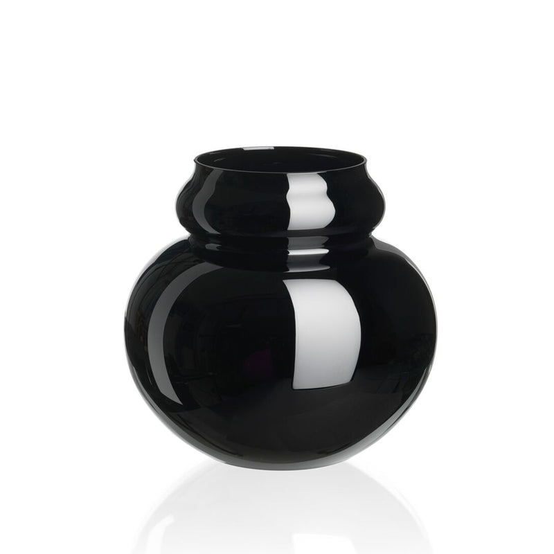The Lobmeyr BV71 Calabash Flower Vase features a glossy black glass design with a round, bulbous shape similar to a calabash gourd. Its reflective surface accentuates the smooth texture, while the slightly narrower neck adds to its modern, elegant style.
