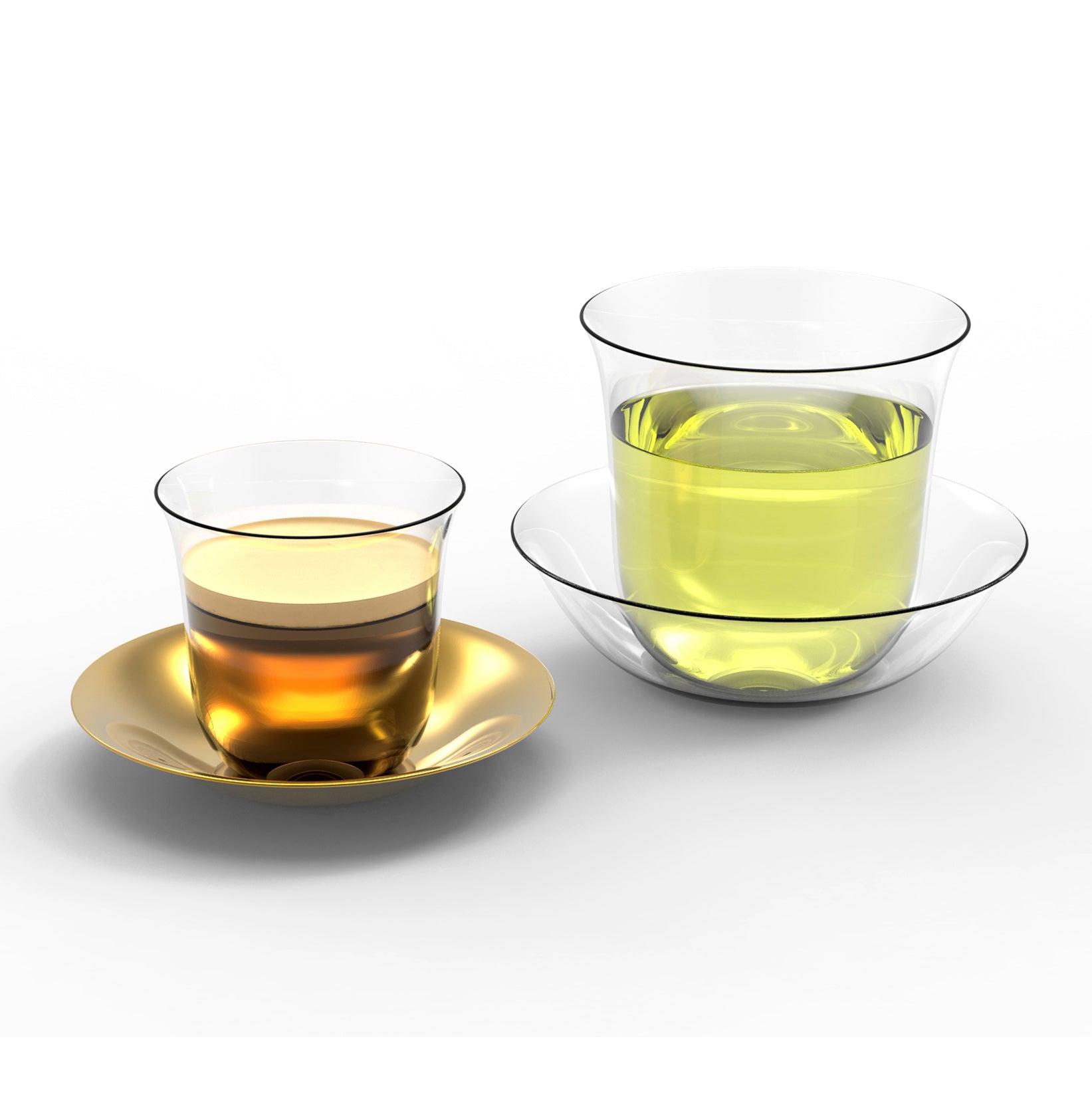 The Lobmeyr Lily Tea Set features two transparent crystal glasses with saucers. The left glass contains amber liquid on a gold saucer, and the right glass holds pale yellow liquid on a clear base, elegantly displayed against a white backdrop.