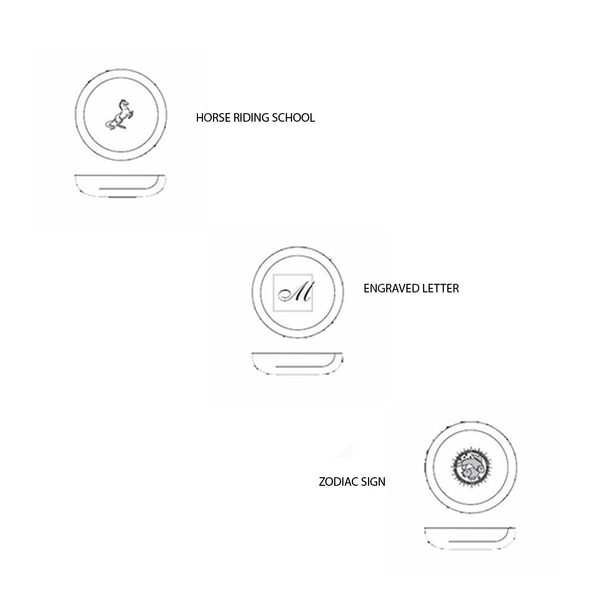 Three circular designs are showcased on the Little Massive Dish by Lobmeyr: a horse and rider labeled Horse Riding School, an engraved letter M in classic Lobmeyr style, and a symbol labeled Zodiac Sign.